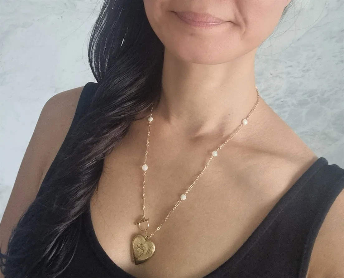 modern love | antique heart locket opal paperclip chain long necklace