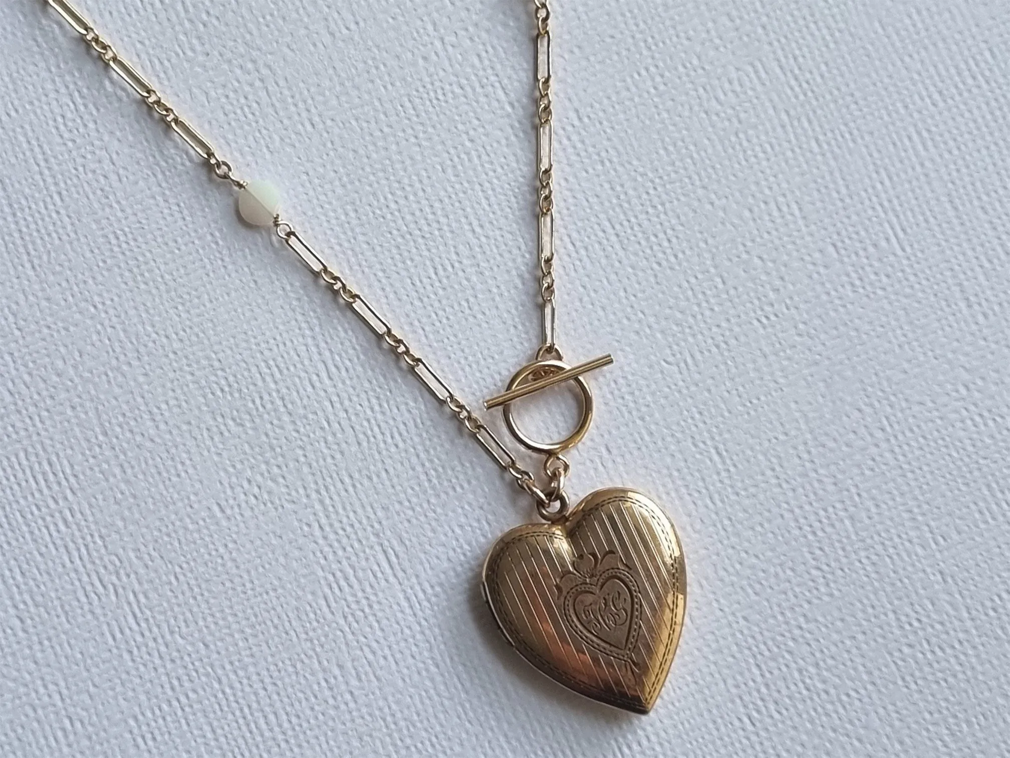 modern love | antique heart locket opal paperclip chain long necklace