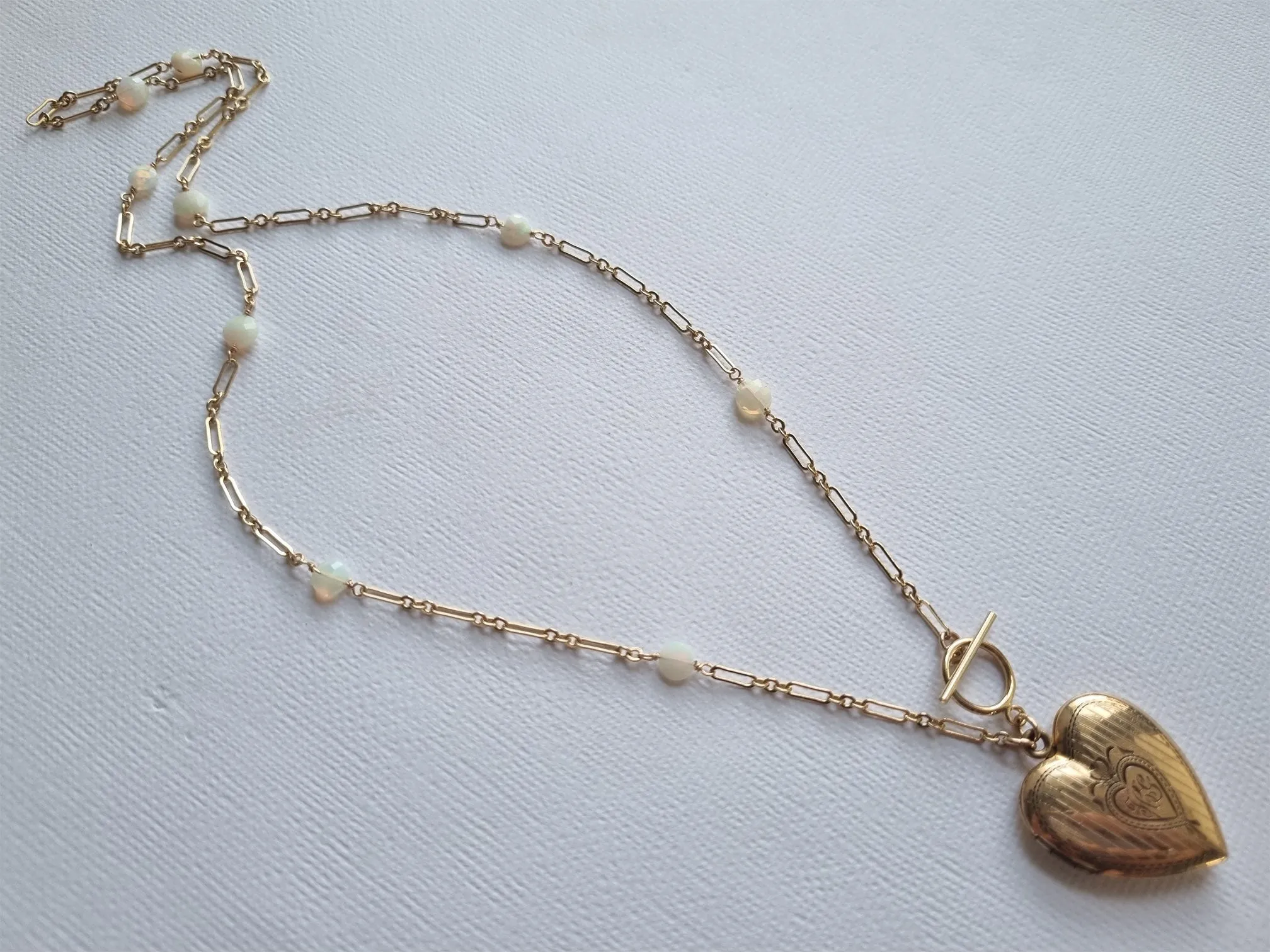 modern love | antique heart locket opal paperclip chain long necklace