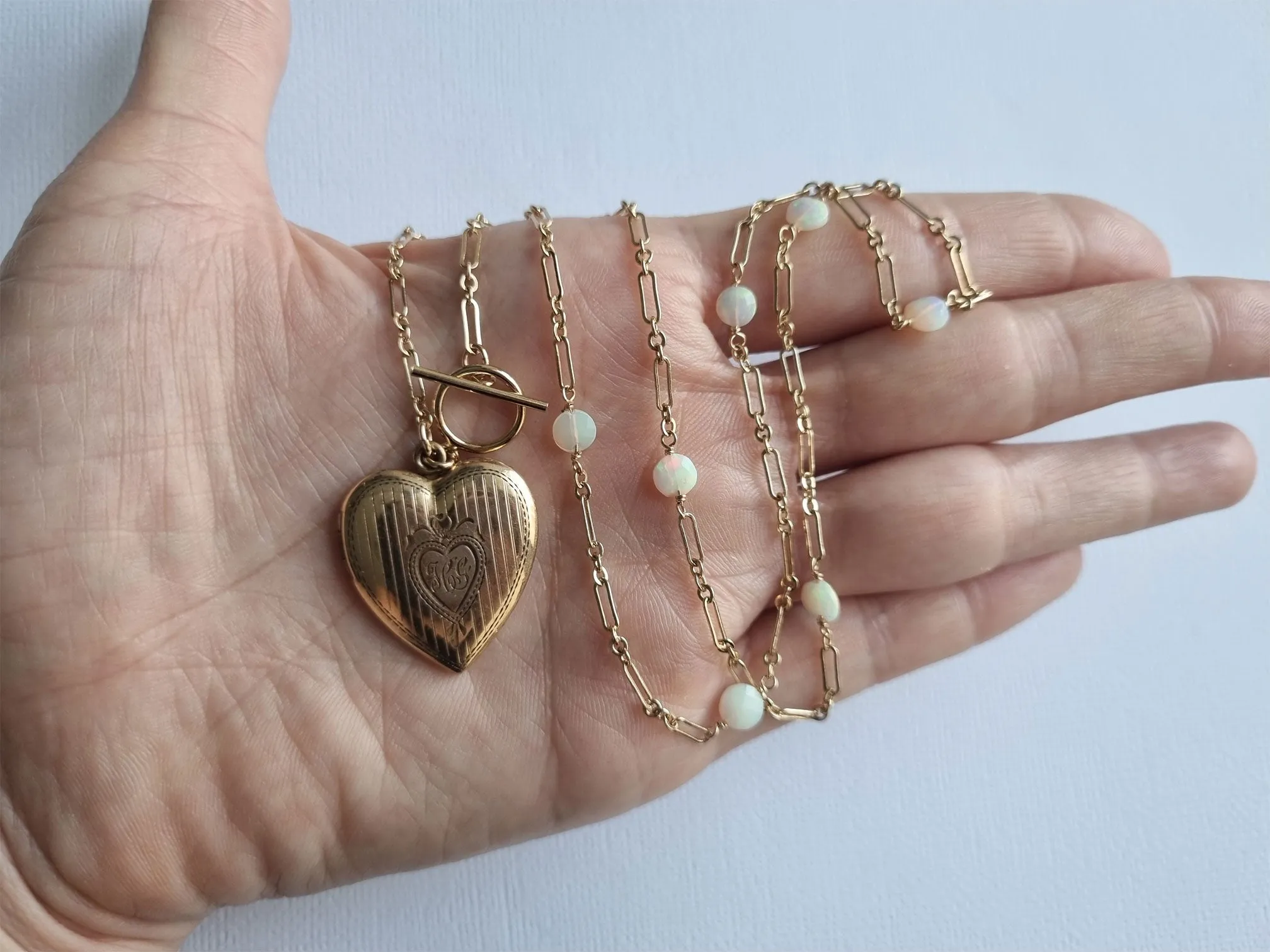 modern love | antique heart locket opal paperclip chain long necklace
