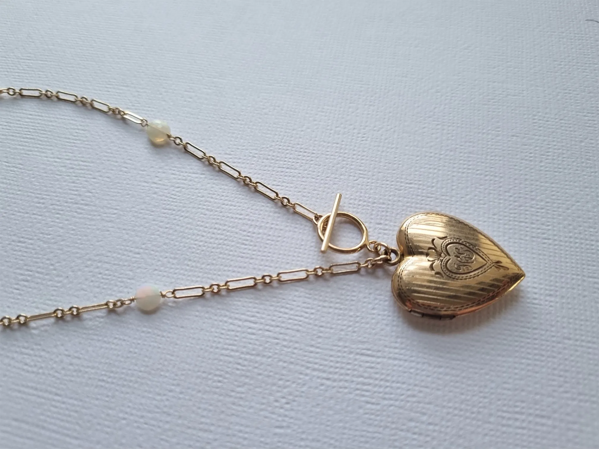modern love | antique heart locket opal paperclip chain long necklace