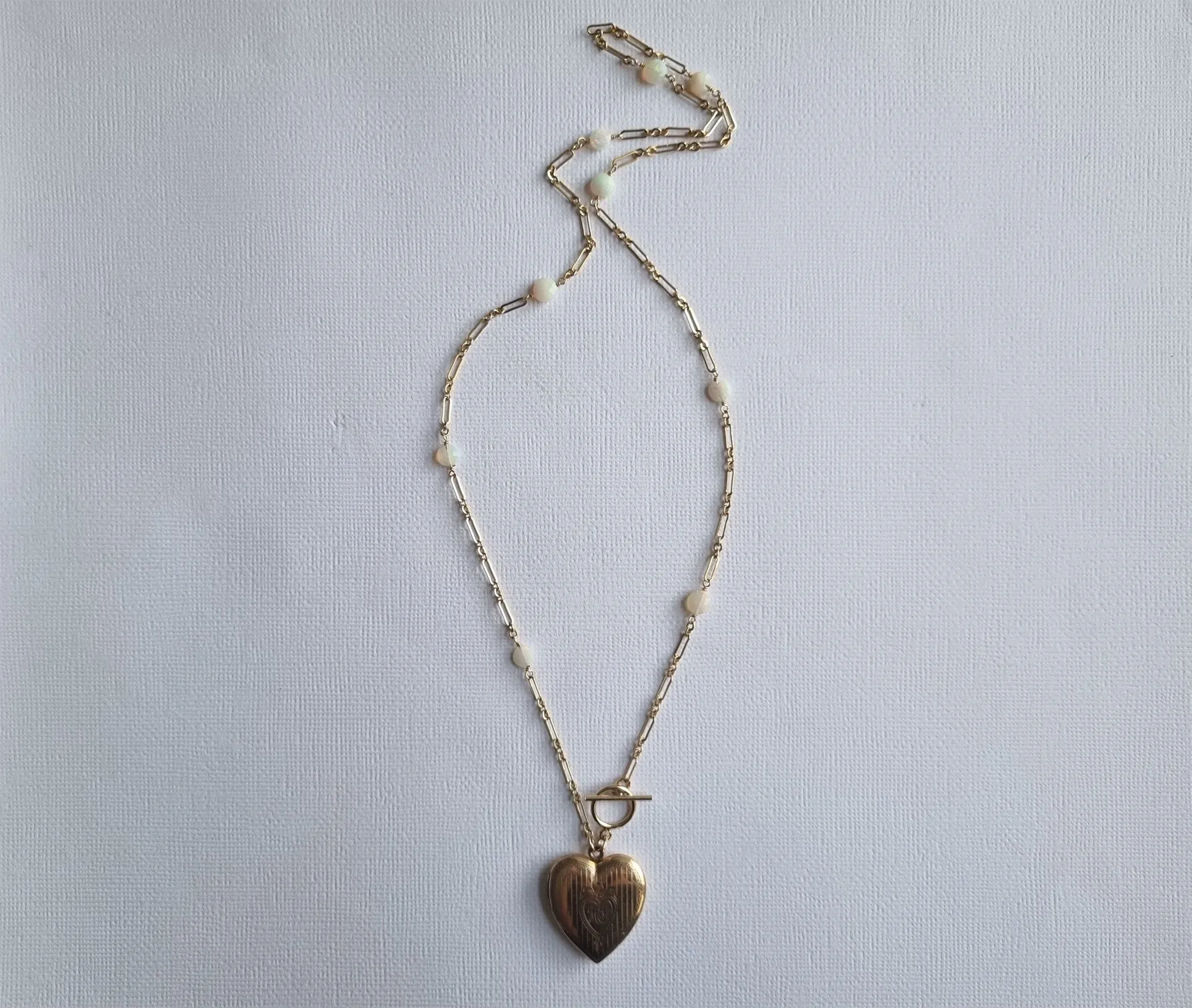 modern love | antique heart locket opal paperclip chain long necklace