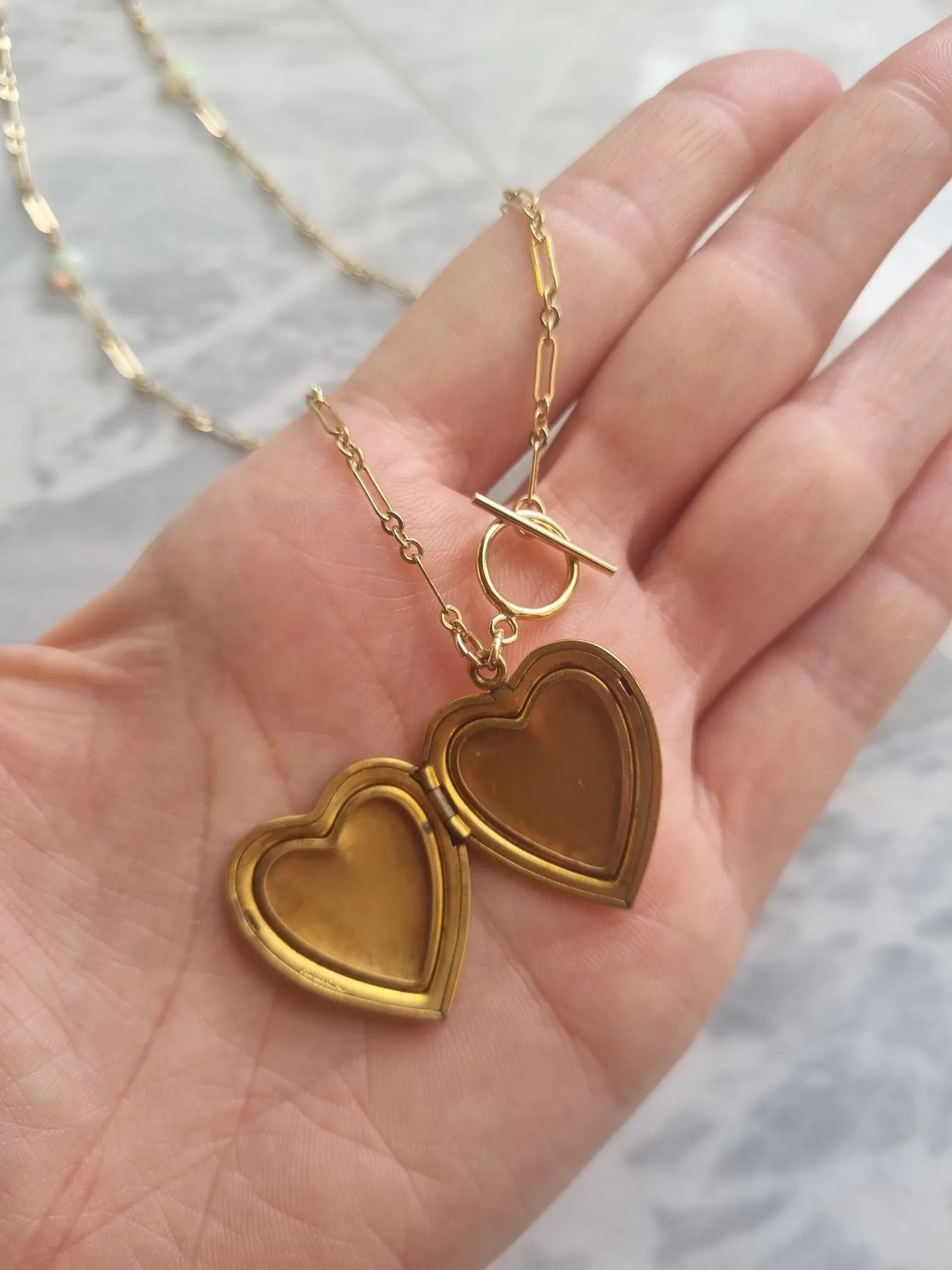 modern love | antique heart locket opal paperclip chain long necklace