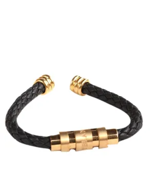 Mont blanc gold head black woven pliated men's leather bracelet