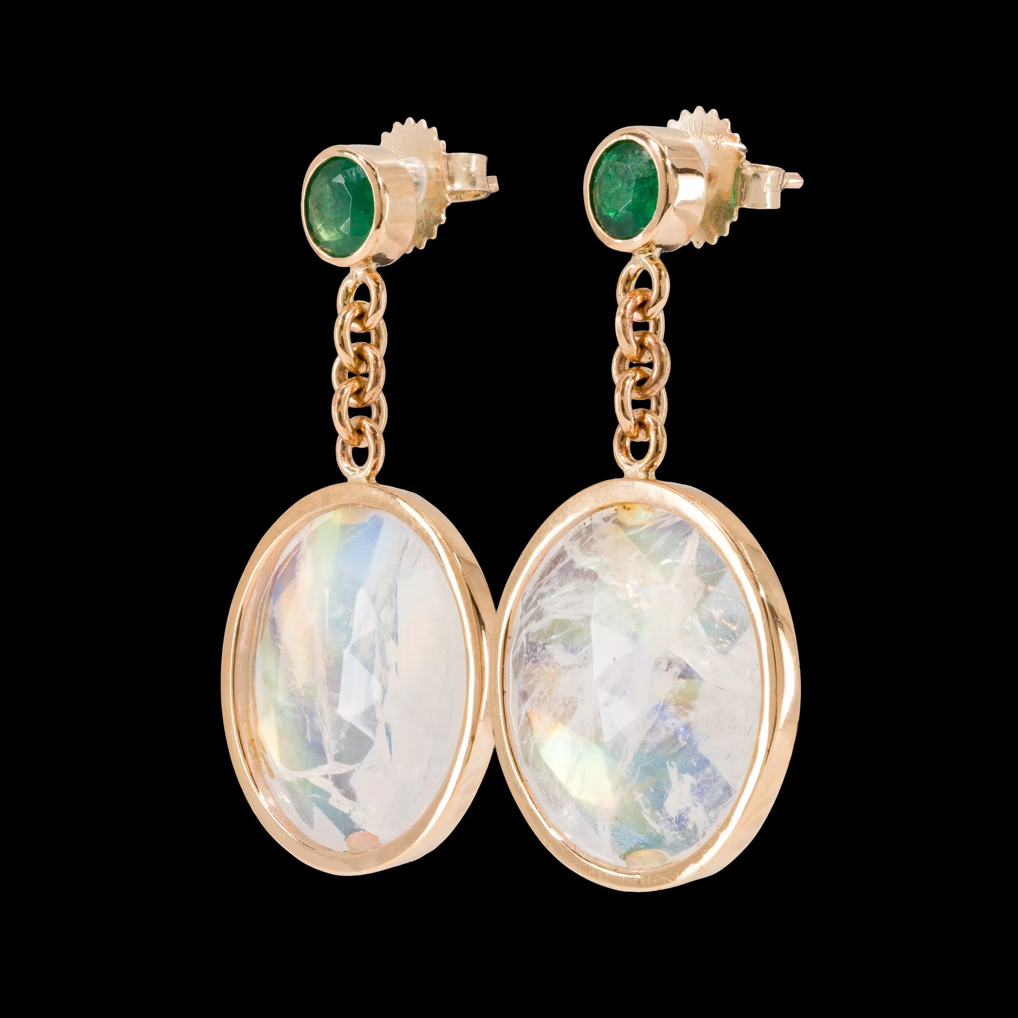 Moonstone 16.41 Carats with Emerald 14k Handcrafted Gemstone Earrings