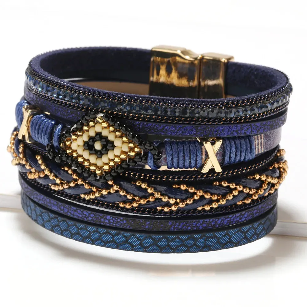 Multilayer Handwoven Leather Bracelet for Women Magnet Buckle Wide Bracelet Rice Bead Woven Devil's Eye Leather Bracelet