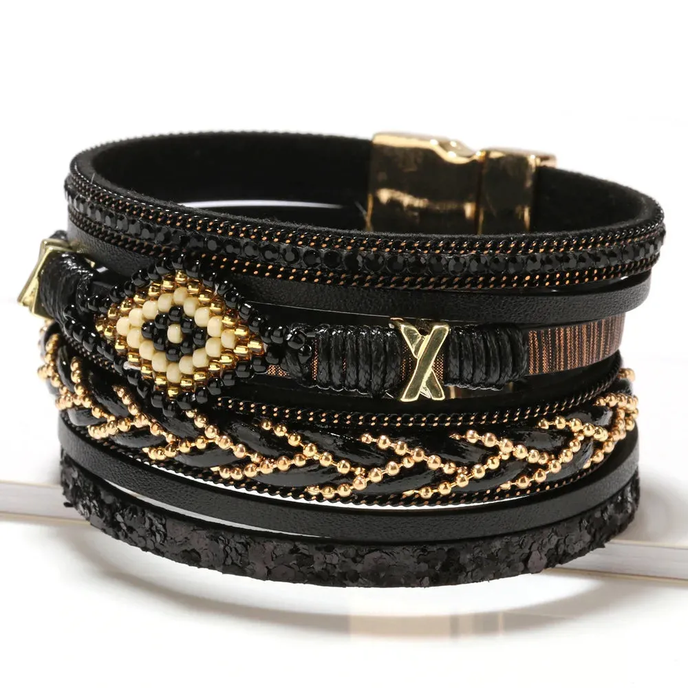 Multilayer Handwoven Leather Bracelet for Women Magnet Buckle Wide Bracelet Rice Bead Woven Devil's Eye Leather Bracelet