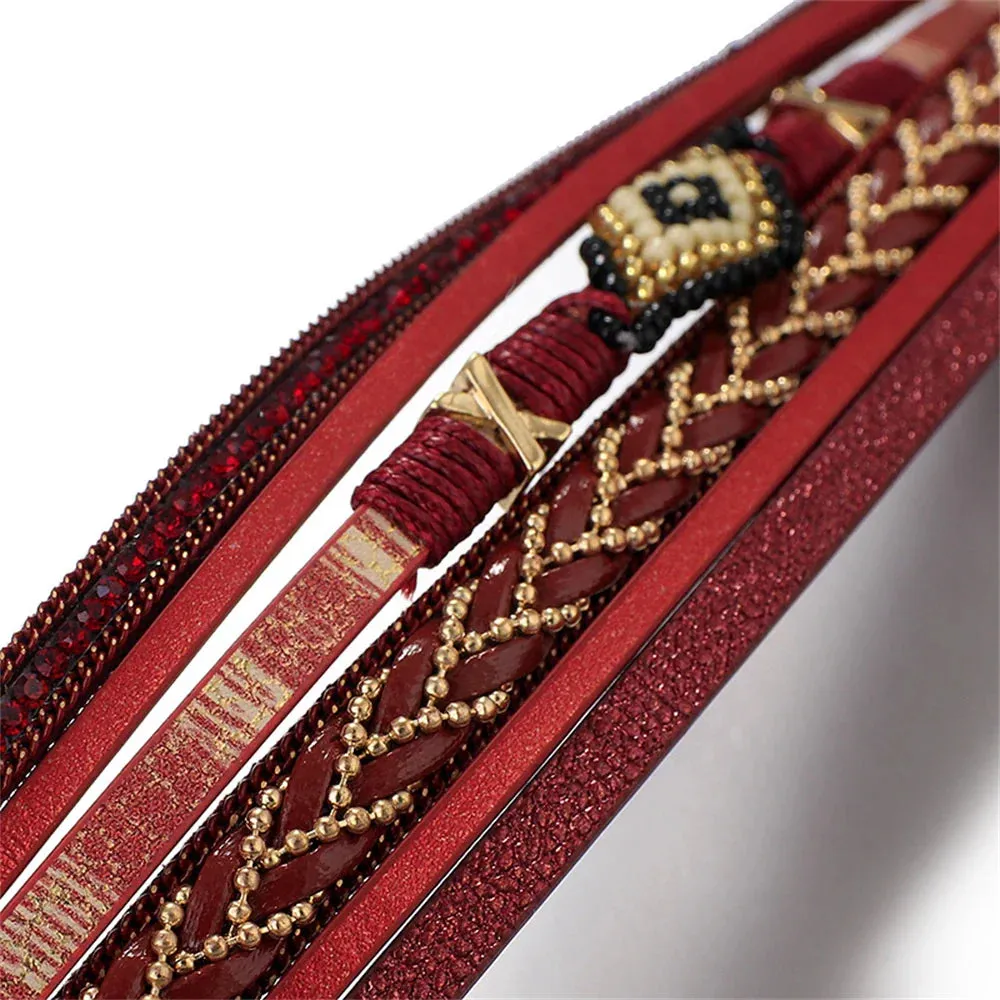 Multilayer Handwoven Leather Bracelet for Women Magnet Buckle Wide Bracelet Rice Bead Woven Devil's Eye Leather Bracelet