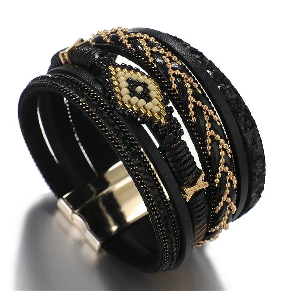 Multilayer Handwoven Leather Bracelet for Women Magnet Buckle Wide Bracelet Rice Bead Woven Devil's Eye Leather Bracelet