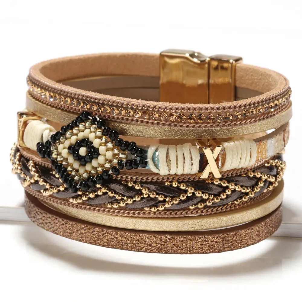 Multilayer Handwoven Leather Bracelet for Women Magnet Buckle Wide Bracelet Rice Bead Woven Devil's Eye Leather Bracelet