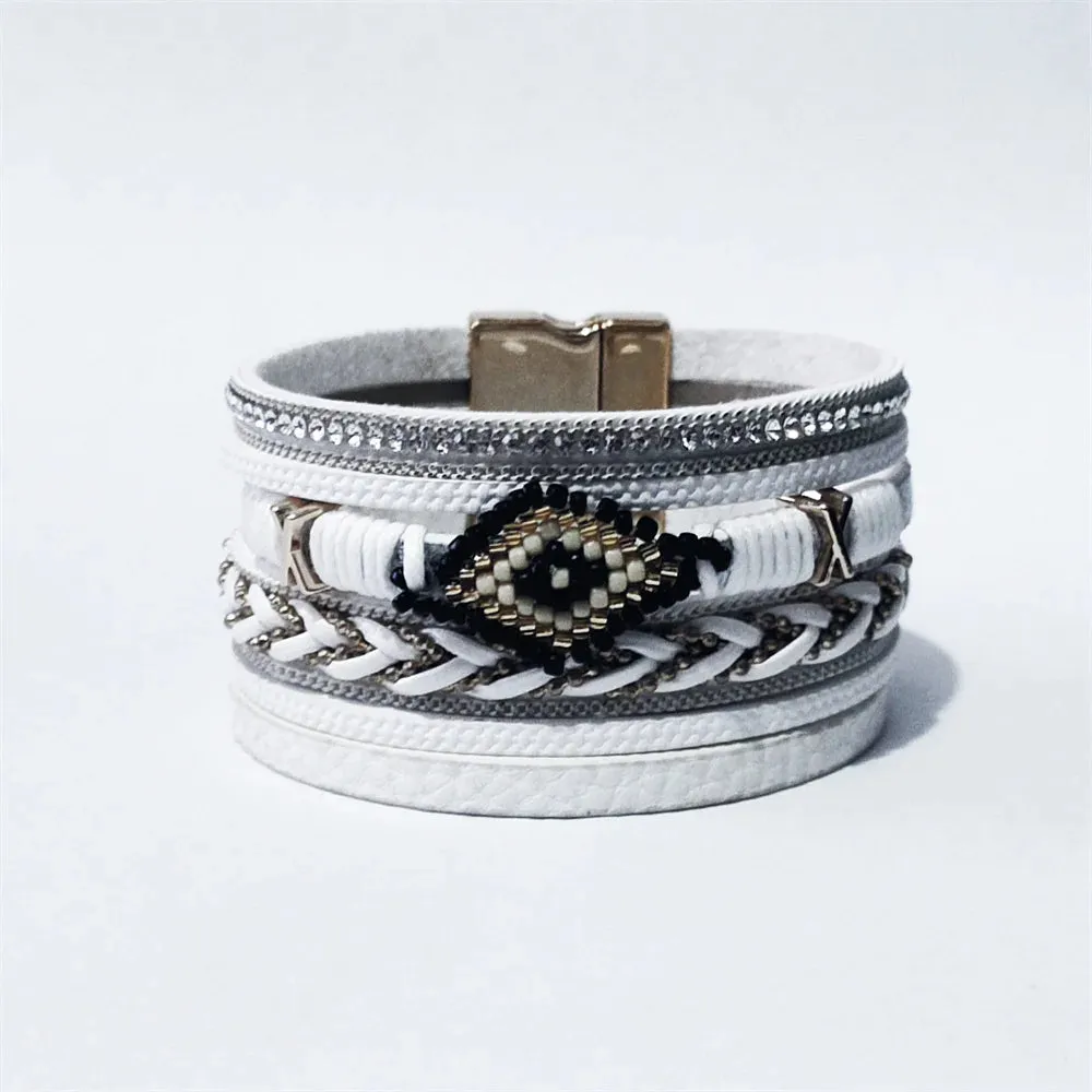 Multilayer Handwoven Leather Bracelet for Women Magnet Buckle Wide Bracelet Rice Bead Woven Devil's Eye Leather Bracelet
