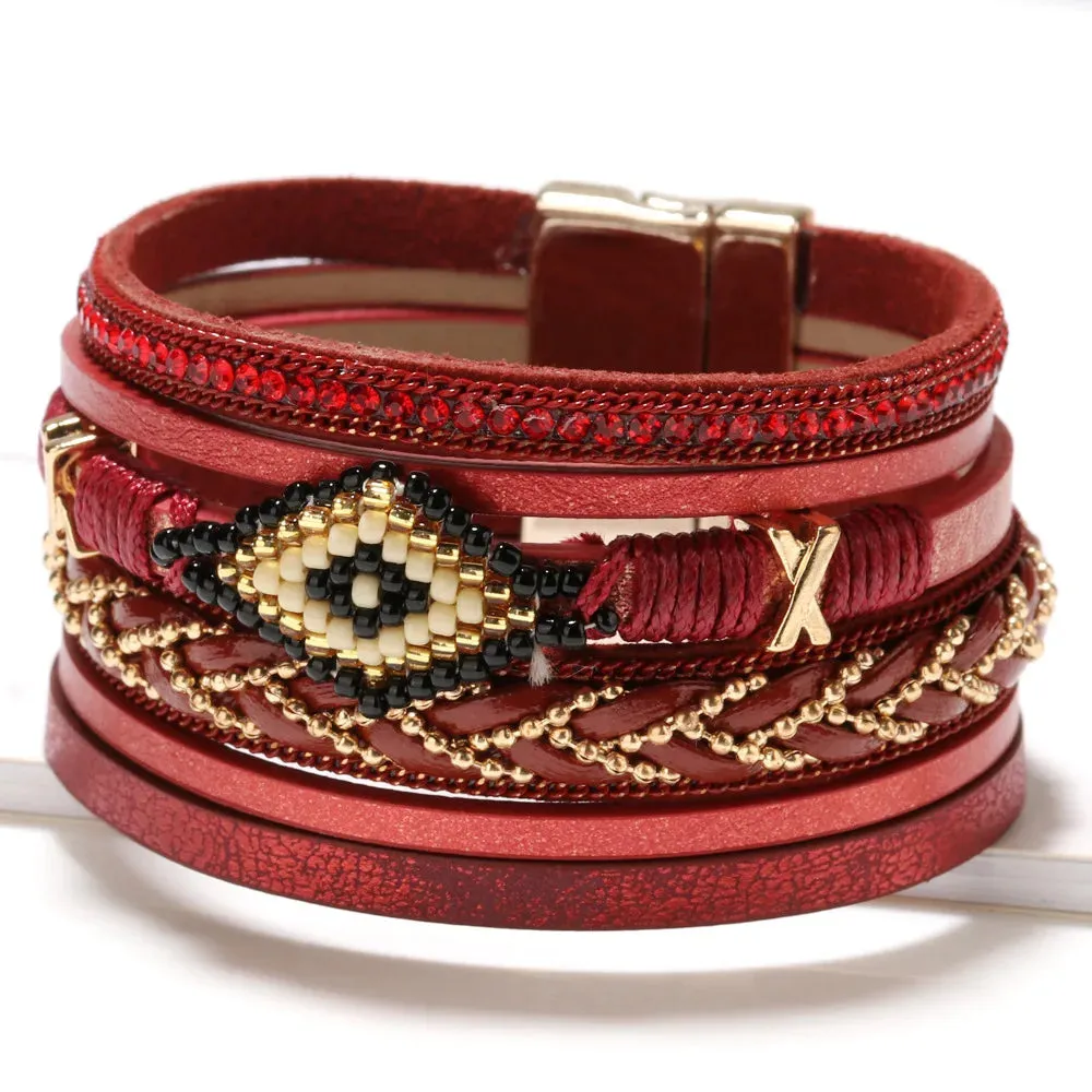 Multilayer Handwoven Leather Bracelet for Women Magnet Buckle Wide Bracelet Rice Bead Woven Devil's Eye Leather Bracelet
