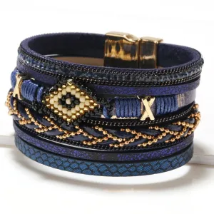 Multilayer Handwoven Leather Bracelet for Women Magnet Buckle Wide Bracelet Rice Bead Woven Devil's Eye Leather Bracelet