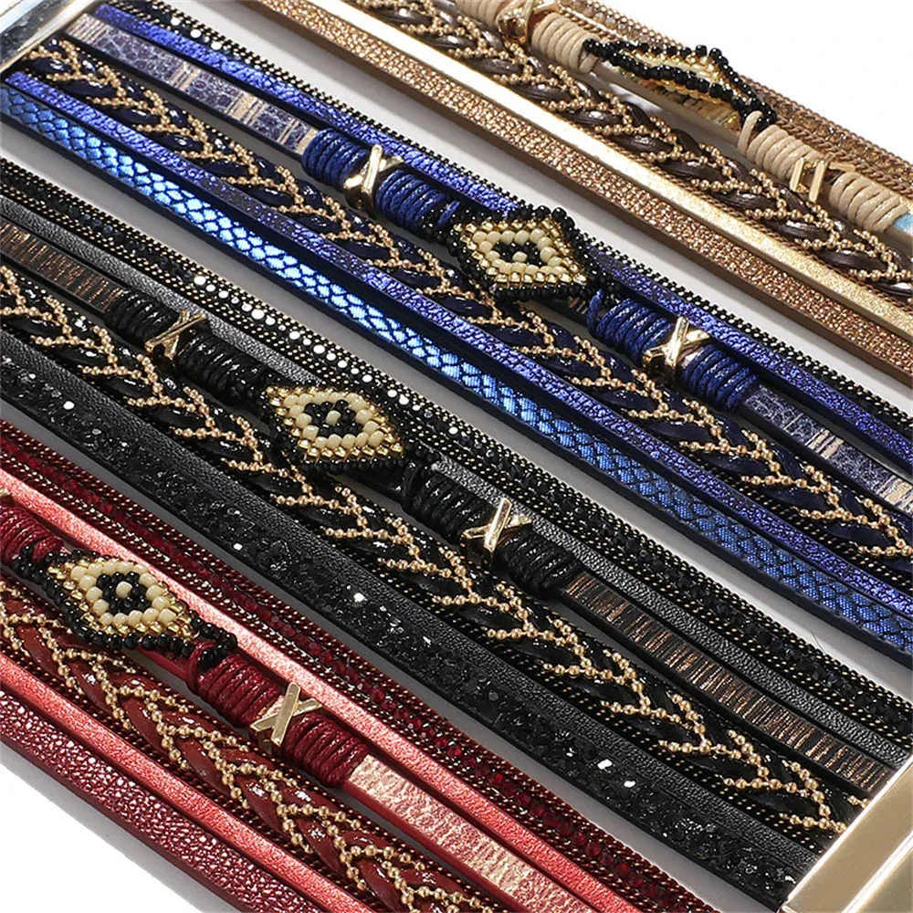 Multilayer Handwoven Leather Bracelet for Women Magnet Buckle Wide Bracelet Rice Bead Woven Devil's Eye Leather Bracelet