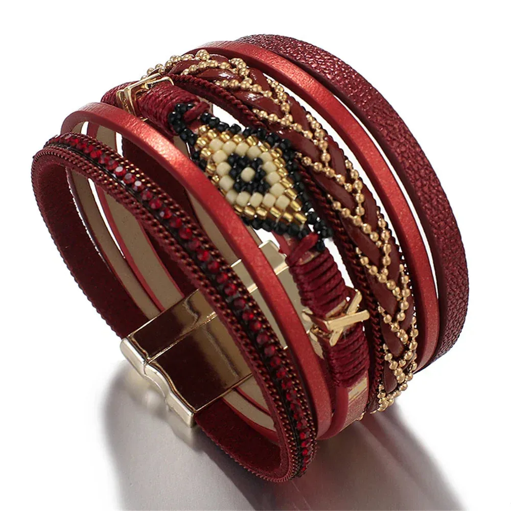Multilayer Handwoven Leather Bracelet for Women Magnet Buckle Wide Bracelet Rice Bead Woven Devil's Eye Leather Bracelet
