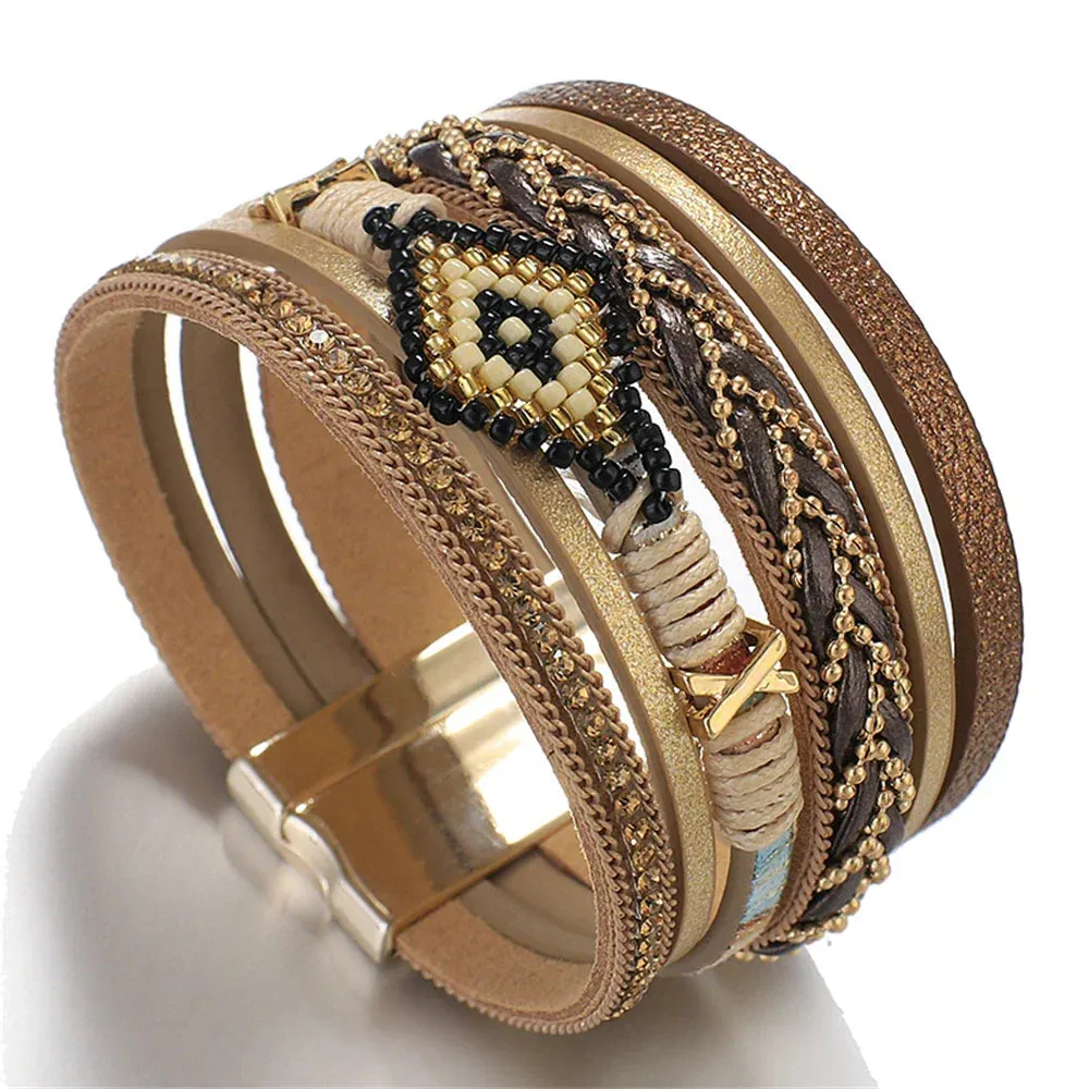 Multilayer Handwoven Leather Bracelet for Women Magnet Buckle Wide Bracelet Rice Bead Woven Devil's Eye Leather Bracelet