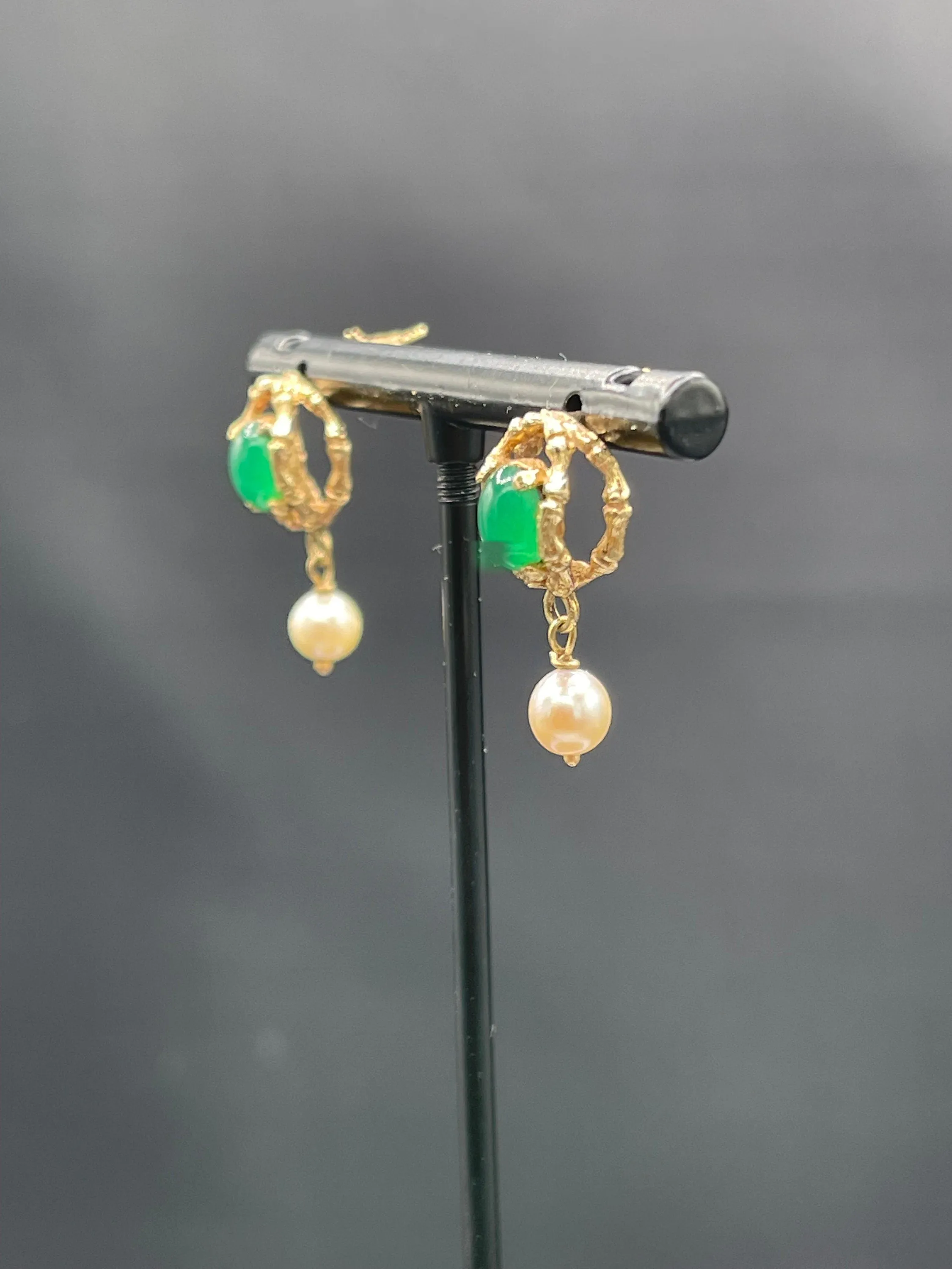 Natural Cabochon Emerald & Cultured Pearl 14k Yellow Gold Dangle Earrings