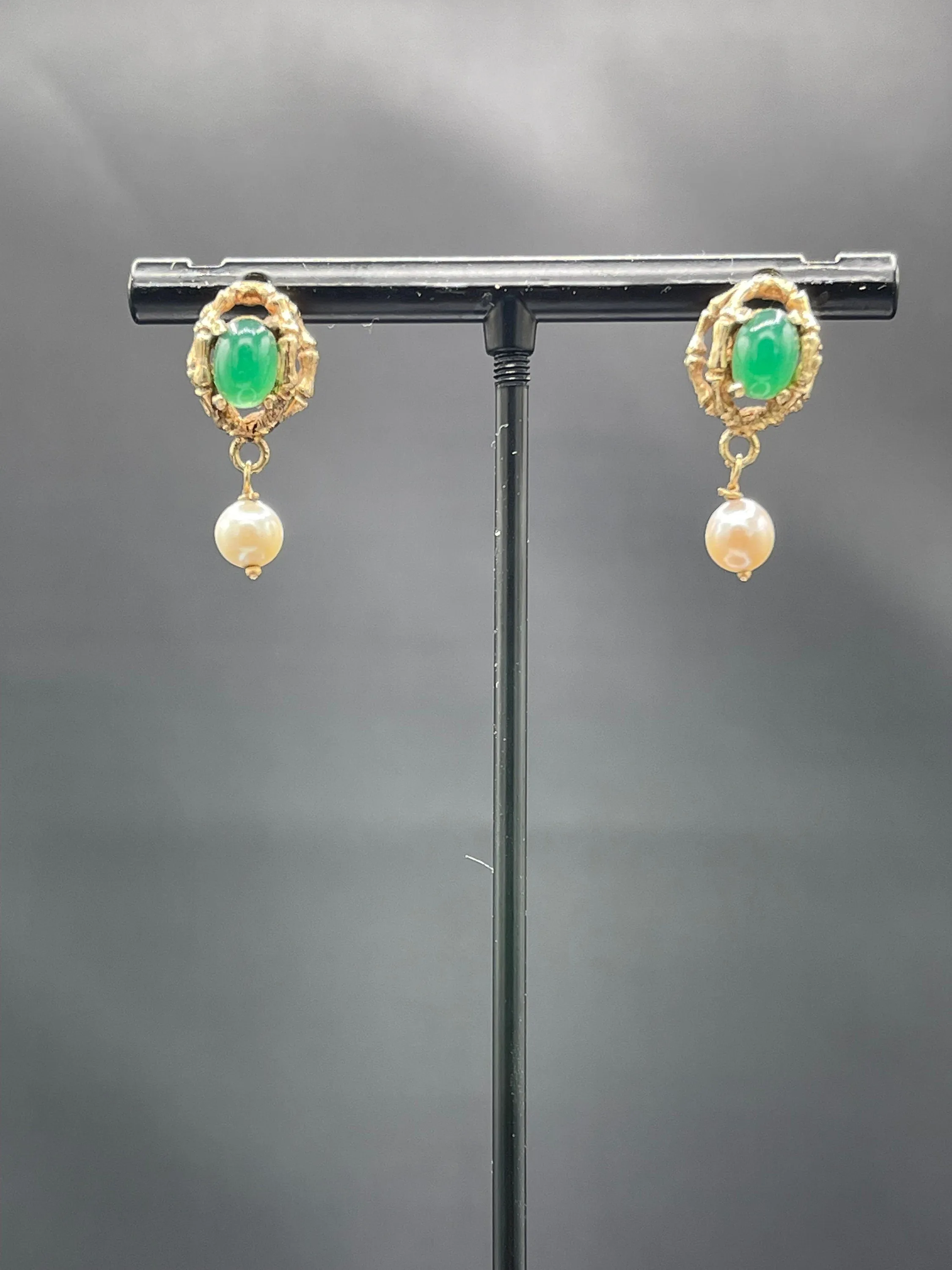Natural Cabochon Emerald & Cultured Pearl 14k Yellow Gold Dangle Earrings
