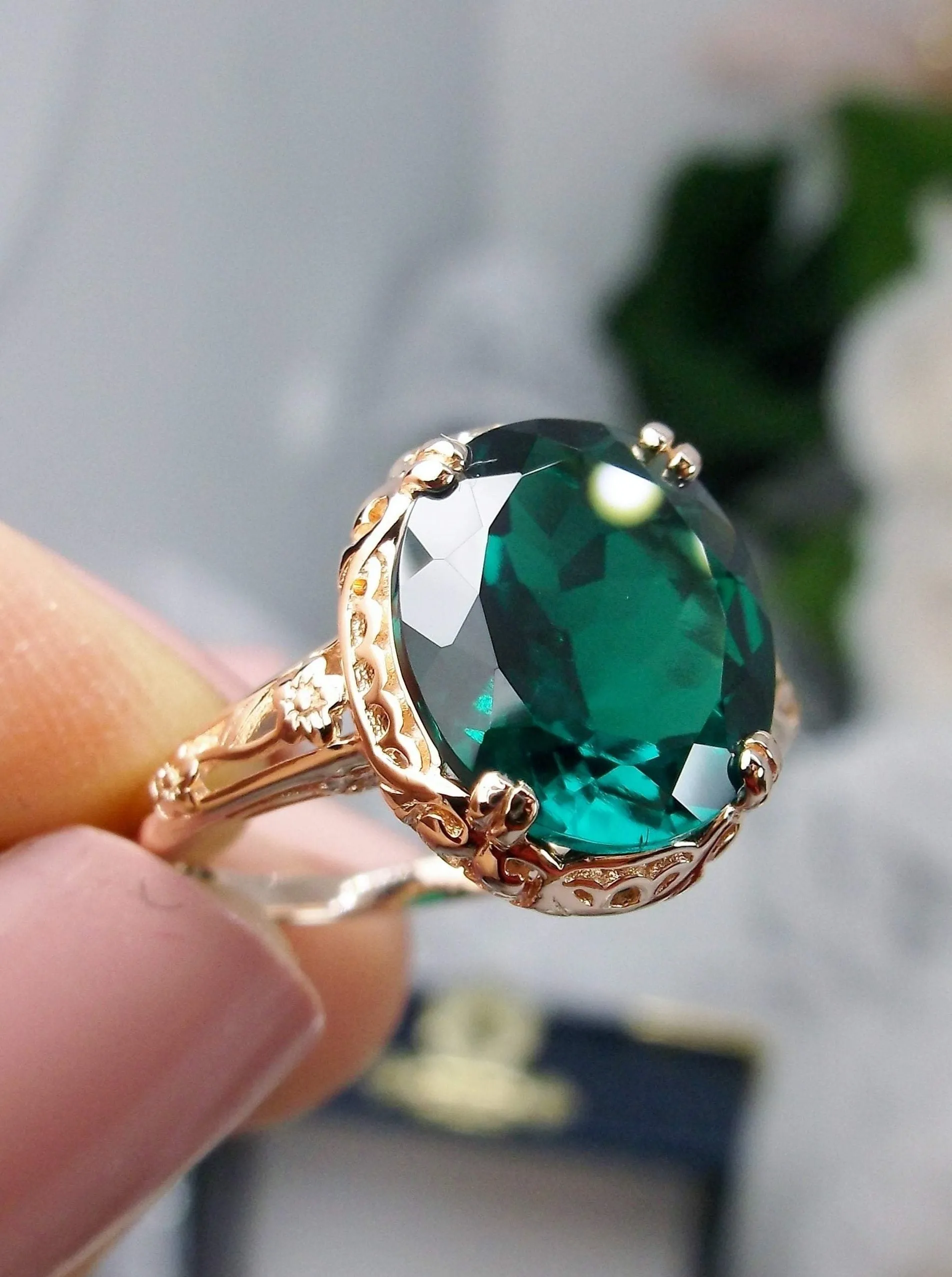 Natural Emerald Ring, Rose Gold, Edwardian Jewelry #D70z