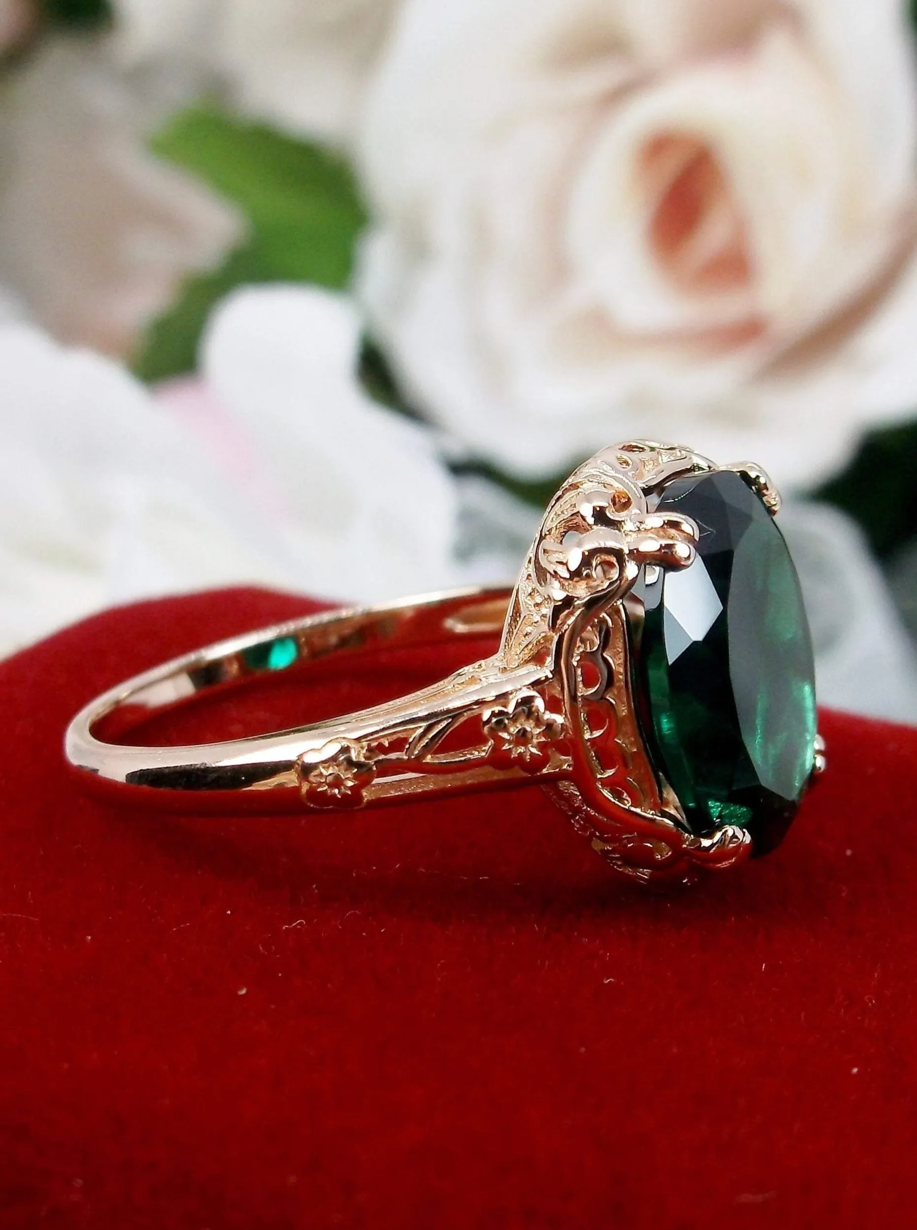 Natural Emerald Ring, Rose Gold, Edwardian Jewelry #D70z