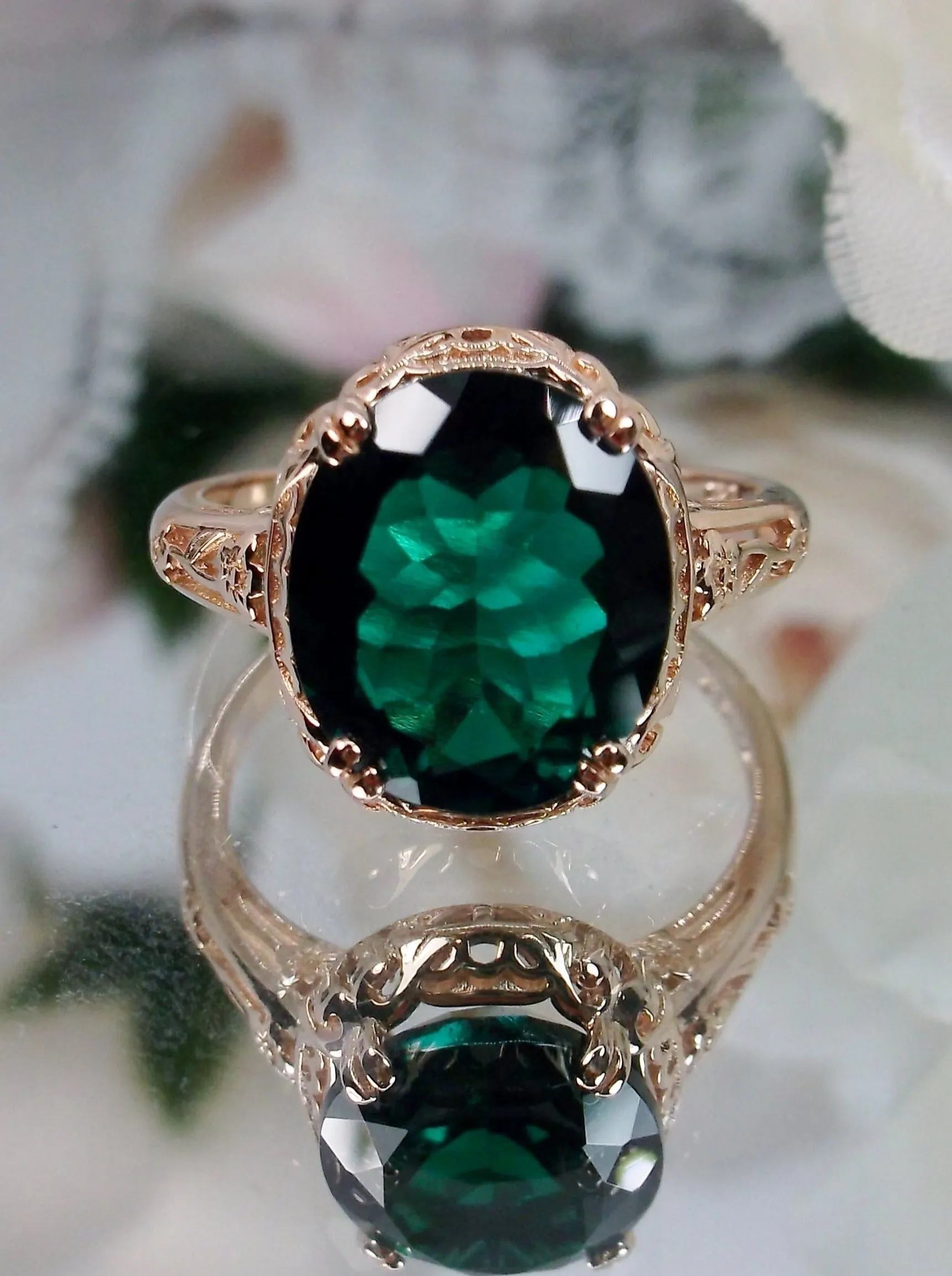 Natural Emerald Ring, Rose Gold, Edwardian Jewelry #D70z