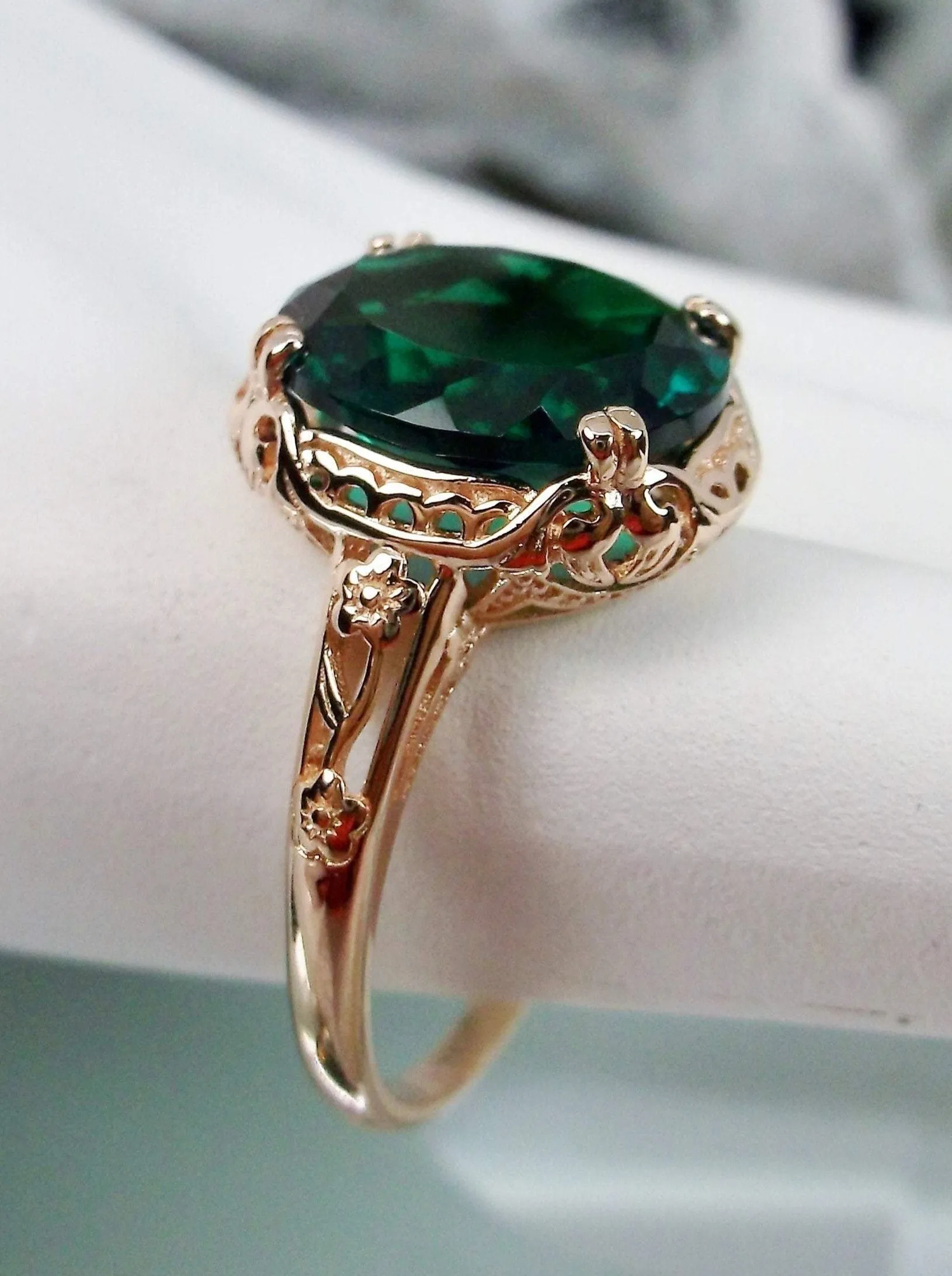 Natural Emerald Ring, Rose Gold, Edwardian Jewelry #D70z