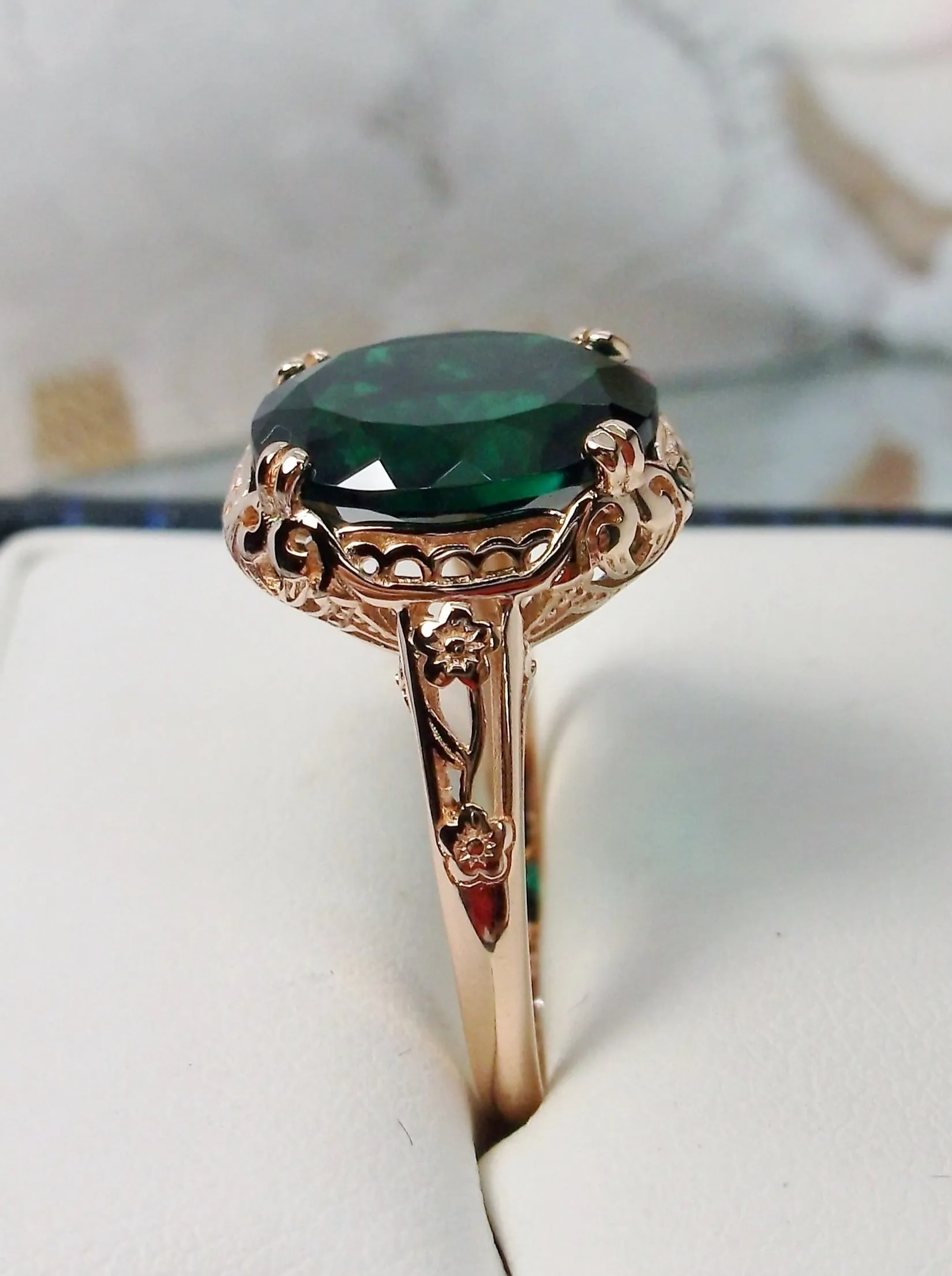 Natural Emerald Ring, Rose Gold, Edwardian Jewelry #D70z