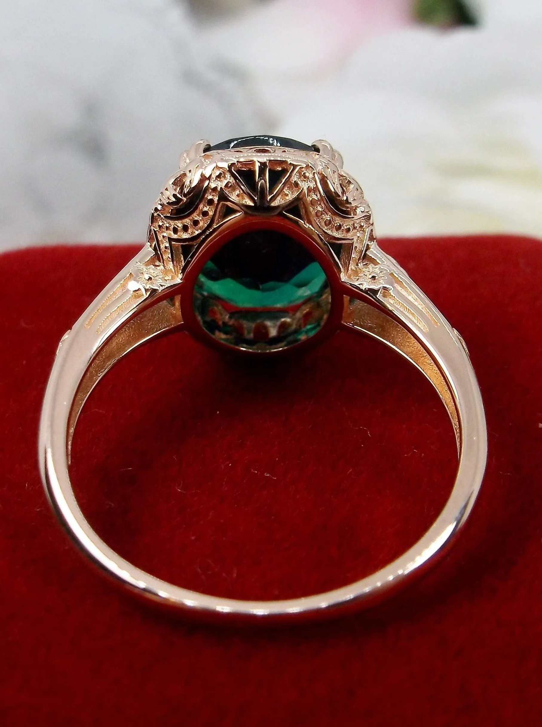 Natural Emerald Ring, Rose Gold, Edwardian Jewelry #D70z