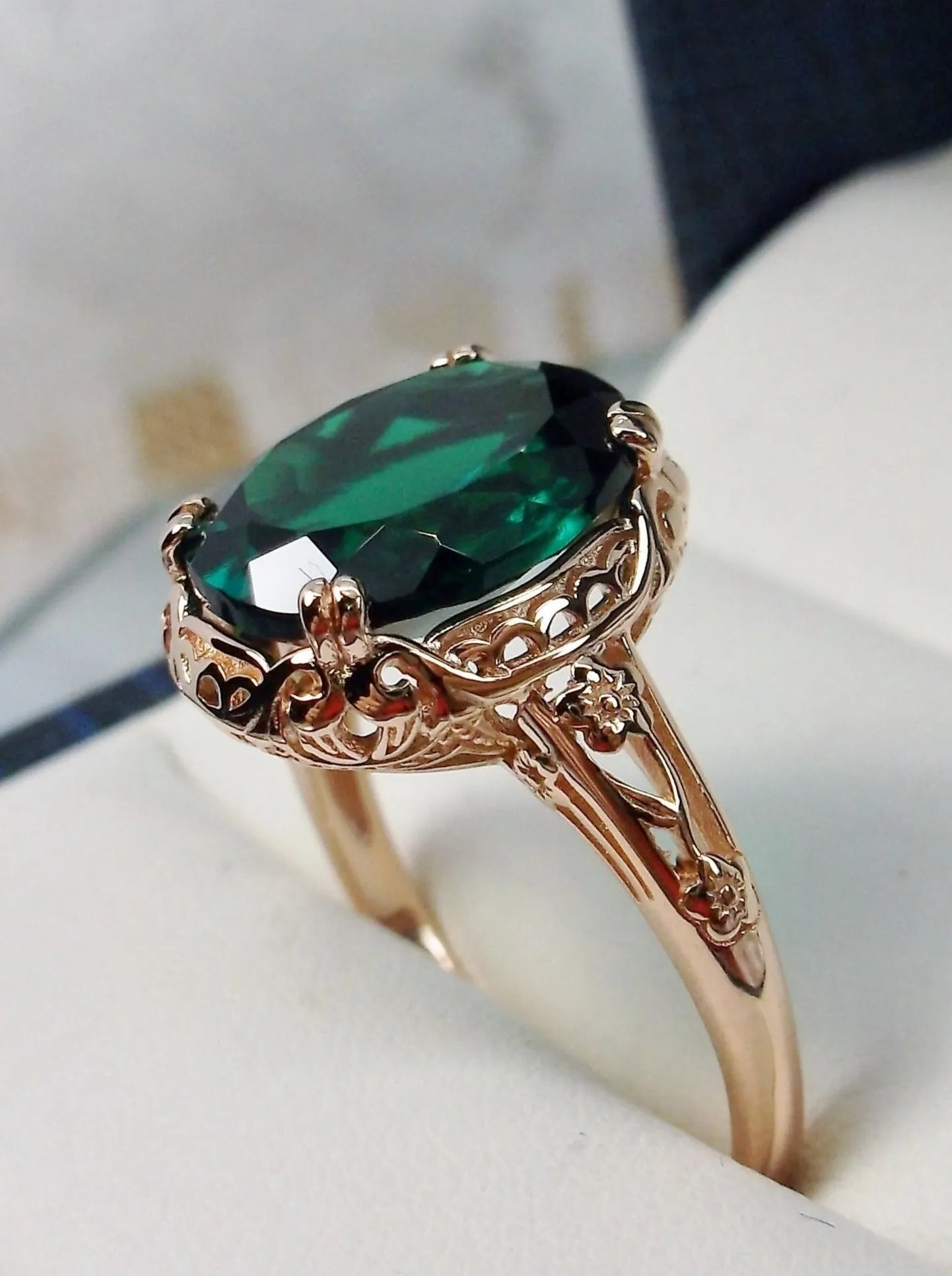 Natural Emerald Ring, Rose Gold, Edwardian Jewelry #D70z