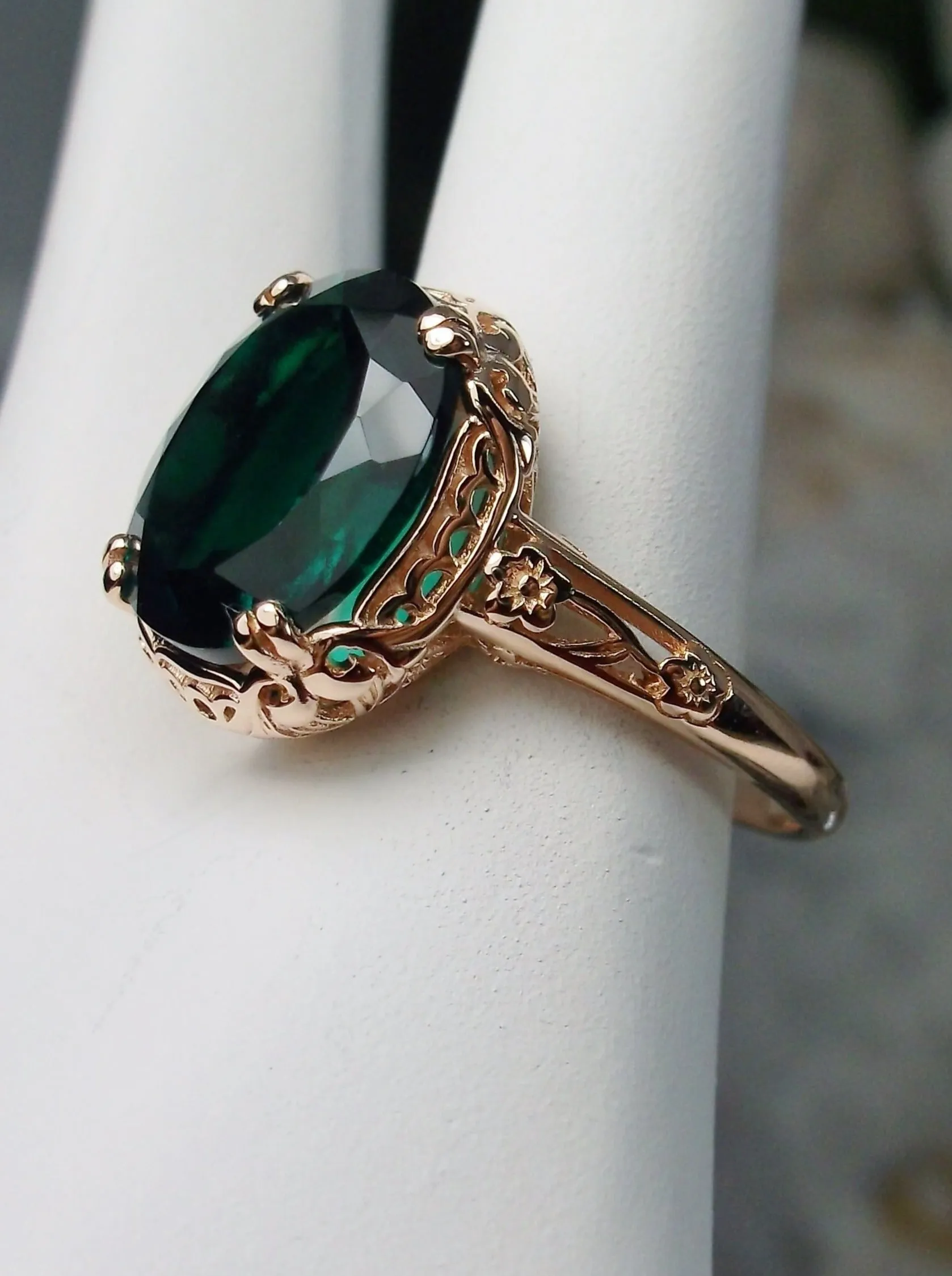 Natural Emerald Ring, Rose Gold, Edwardian Jewelry #D70z