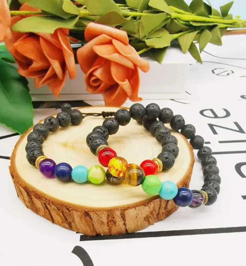 Natural Lava Stone Beads Stretch Chakra Bracelet