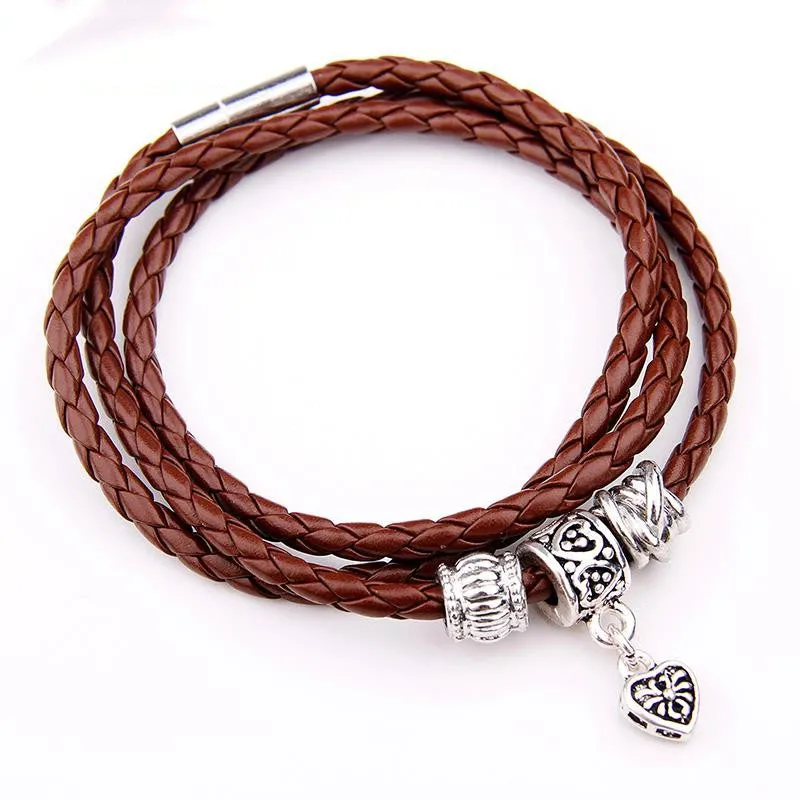 Newest Arrival Silver Charm Black Leather Wrap Bracelet for Women Five Colors Magnet Clasp Christmas Gift Jewelry