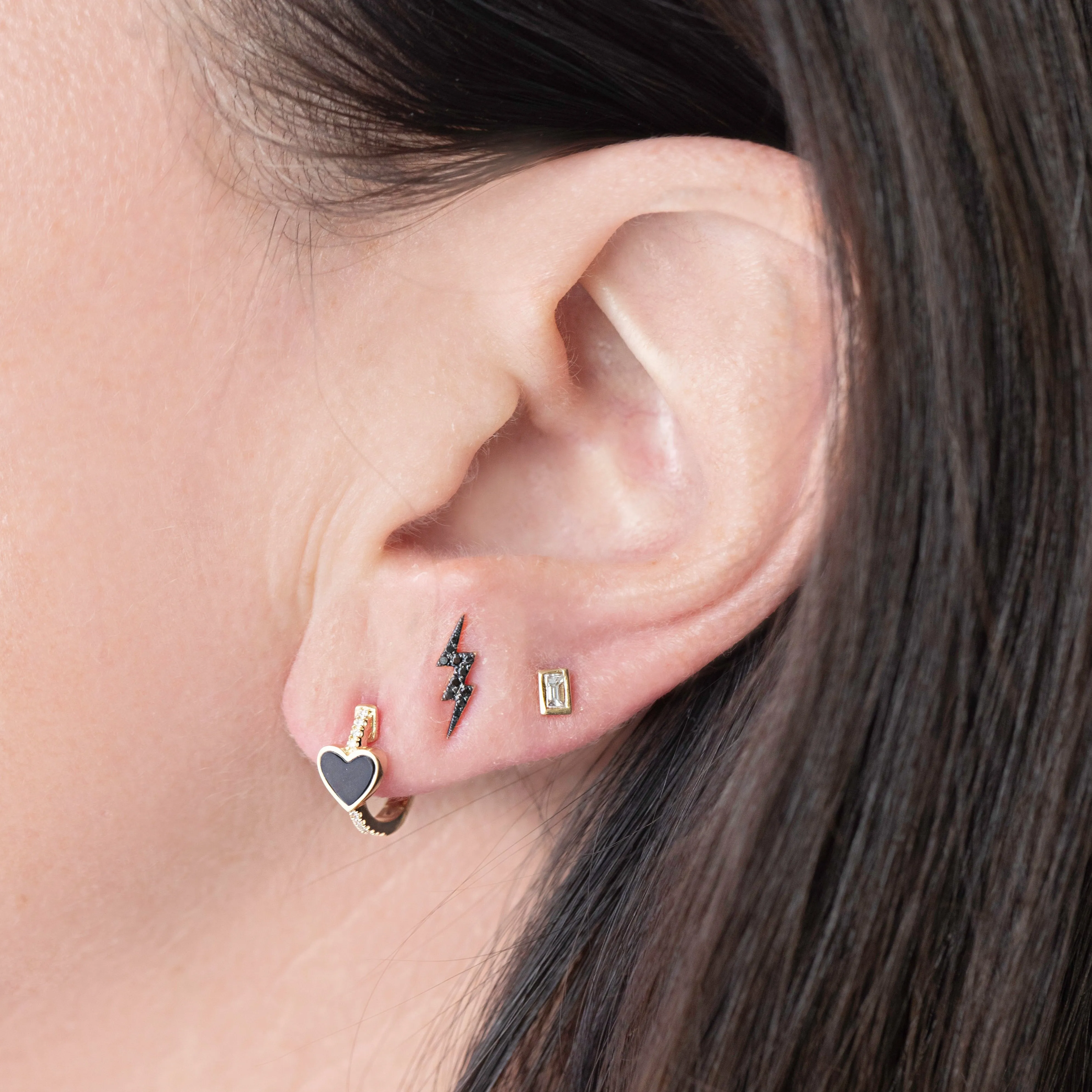 Onyx Heart Huggies with Pavé Diamonds