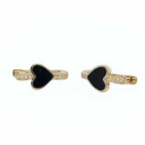 Onyx Heart Huggies with Pavé Diamonds
