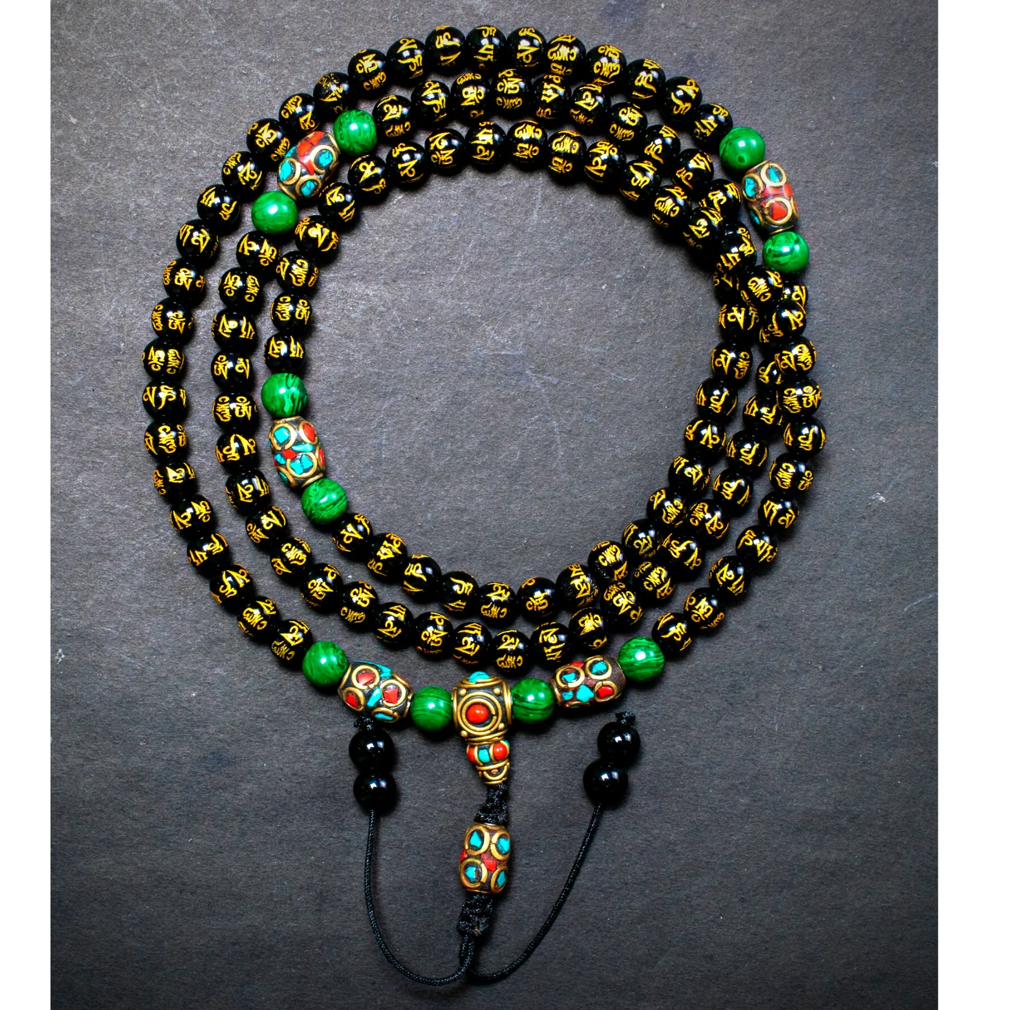 Onyx with Om Mantra Carving Mala