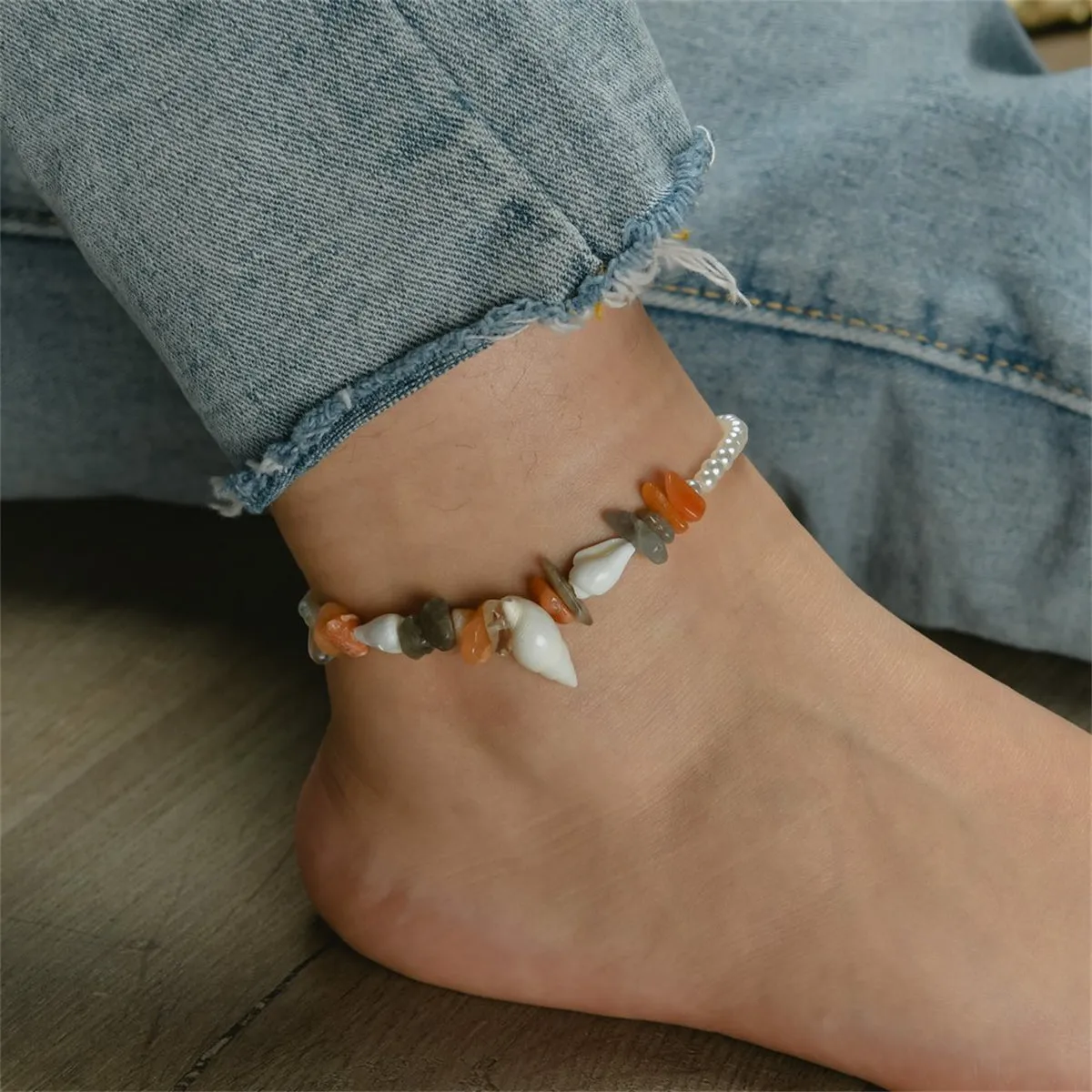 Orange Quartz & Shell Pearl 18K Gold-Plated Anklet