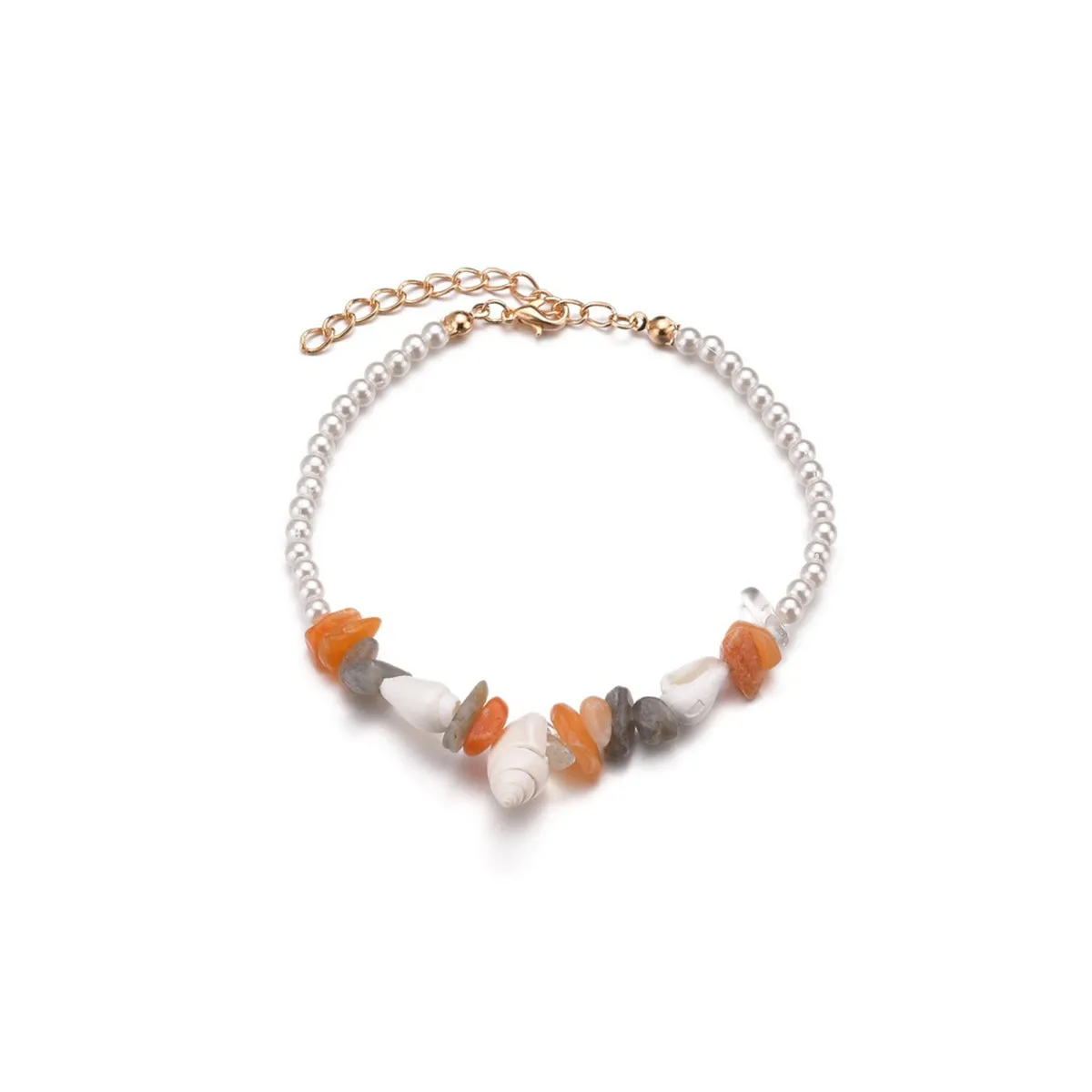 Orange Quartz & Shell Pearl 18K Gold-Plated Anklet