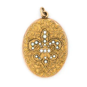 Oval Pearl Fleur De Lis Antique Locket