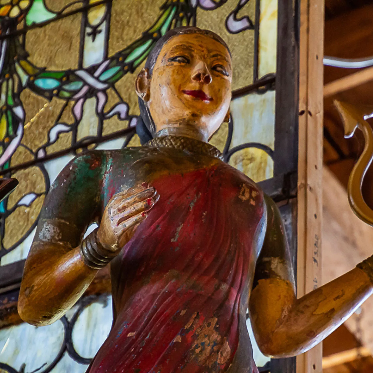 Pair of Large Indian Painted Teak Female Temple Attendants