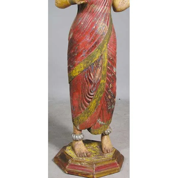 Pair of Large Indian Painted Teak Female Temple Attendants