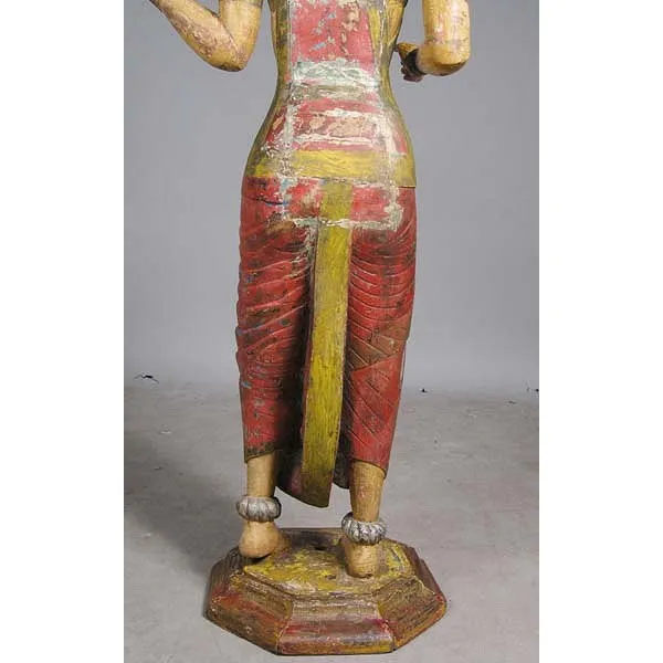 Pair of Large Indian Painted Teak Female Temple Attendants