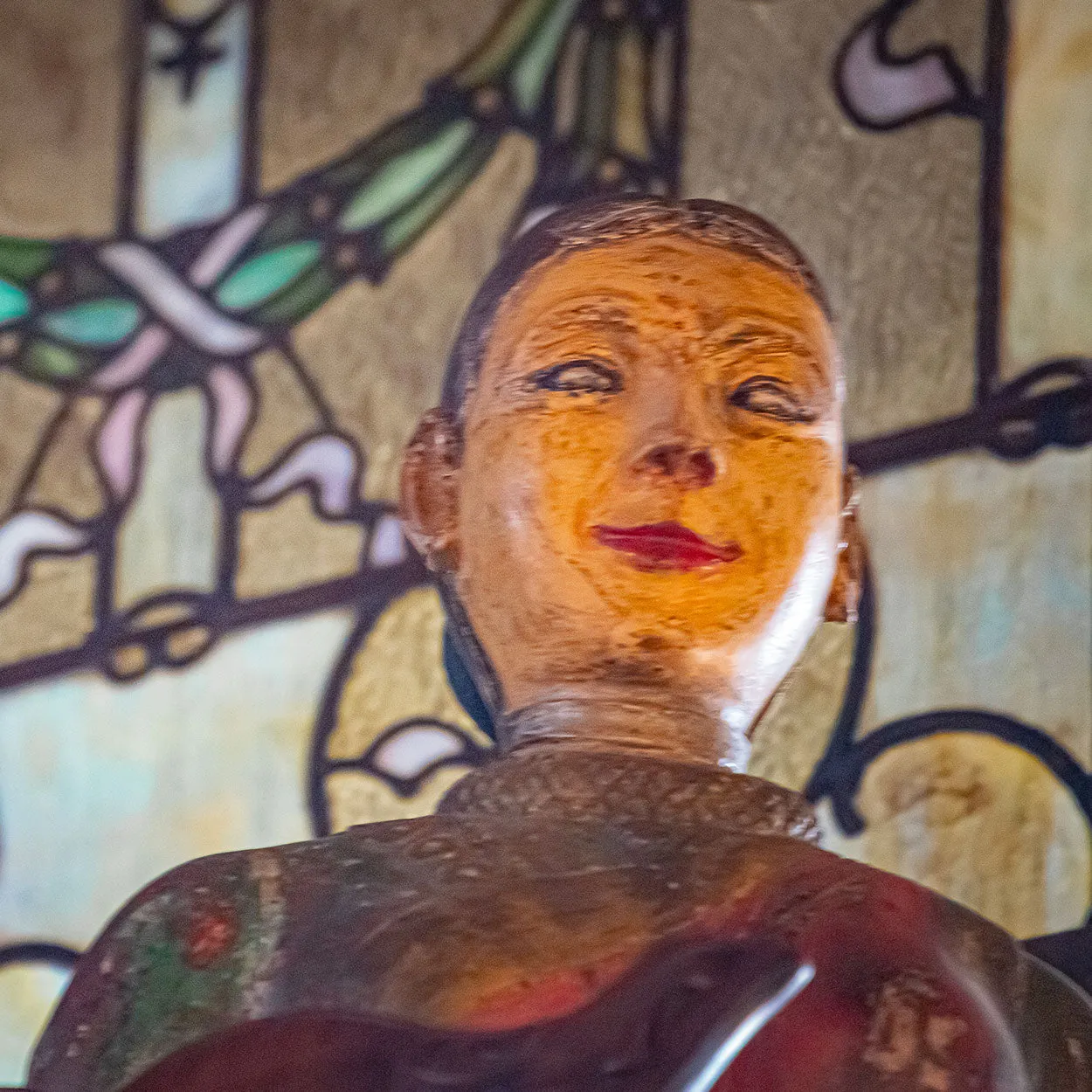Pair of Large Indian Painted Teak Female Temple Attendants