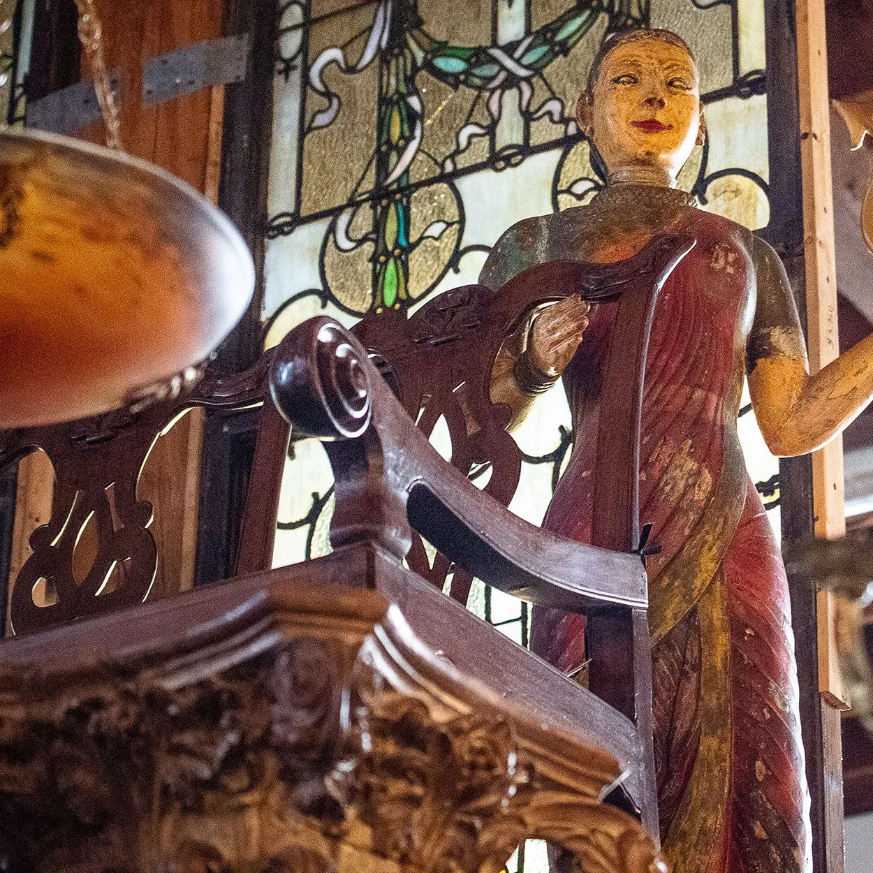 Pair of Large Indian Painted Teak Female Temple Attendants
