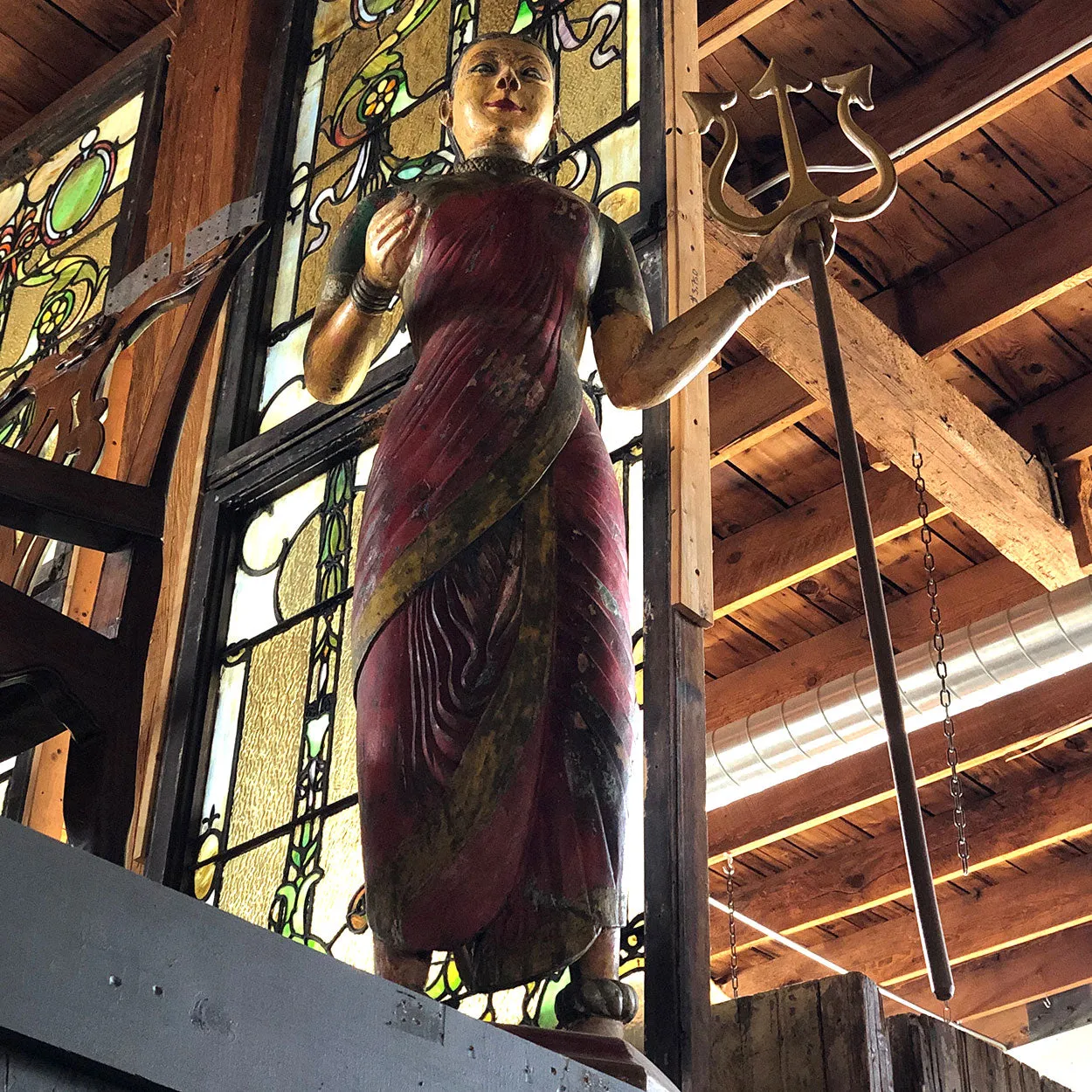 Pair of Large Indian Painted Teak Female Temple Attendants