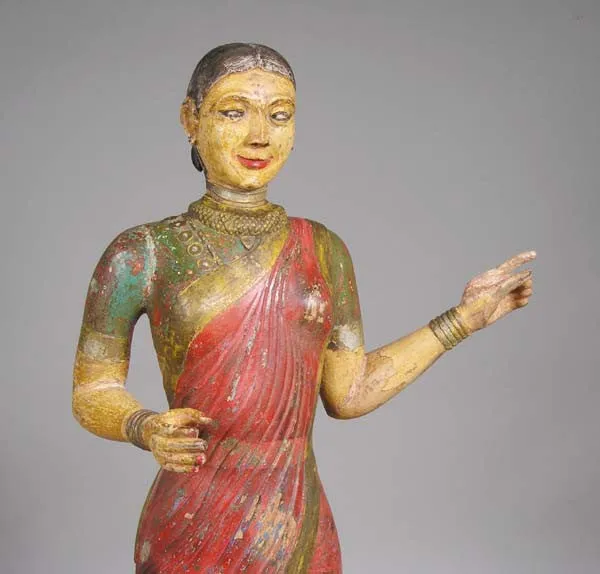 Pair of Large Indian Painted Teak Female Temple Attendants