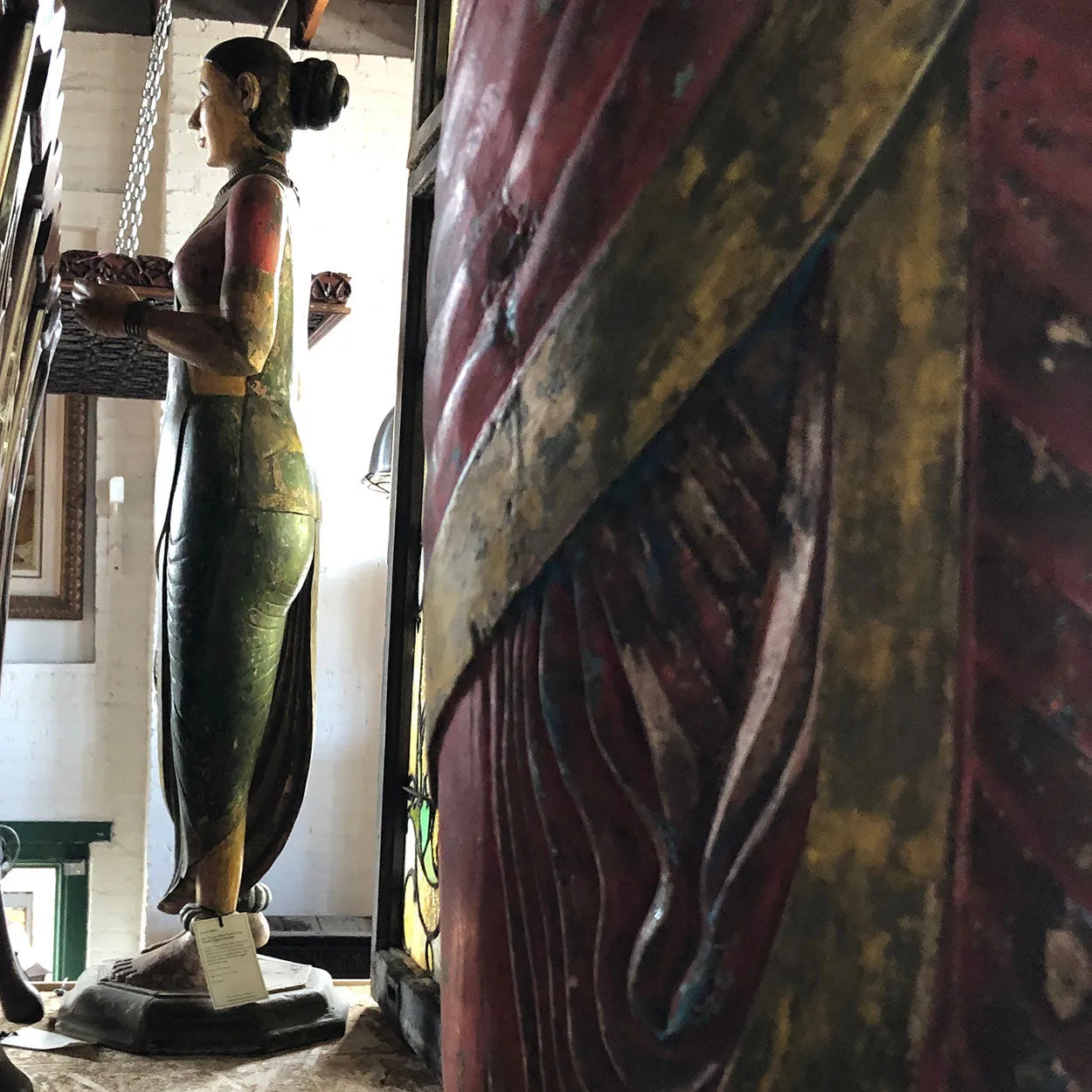 Pair of Large Indian Painted Teak Female Temple Attendants