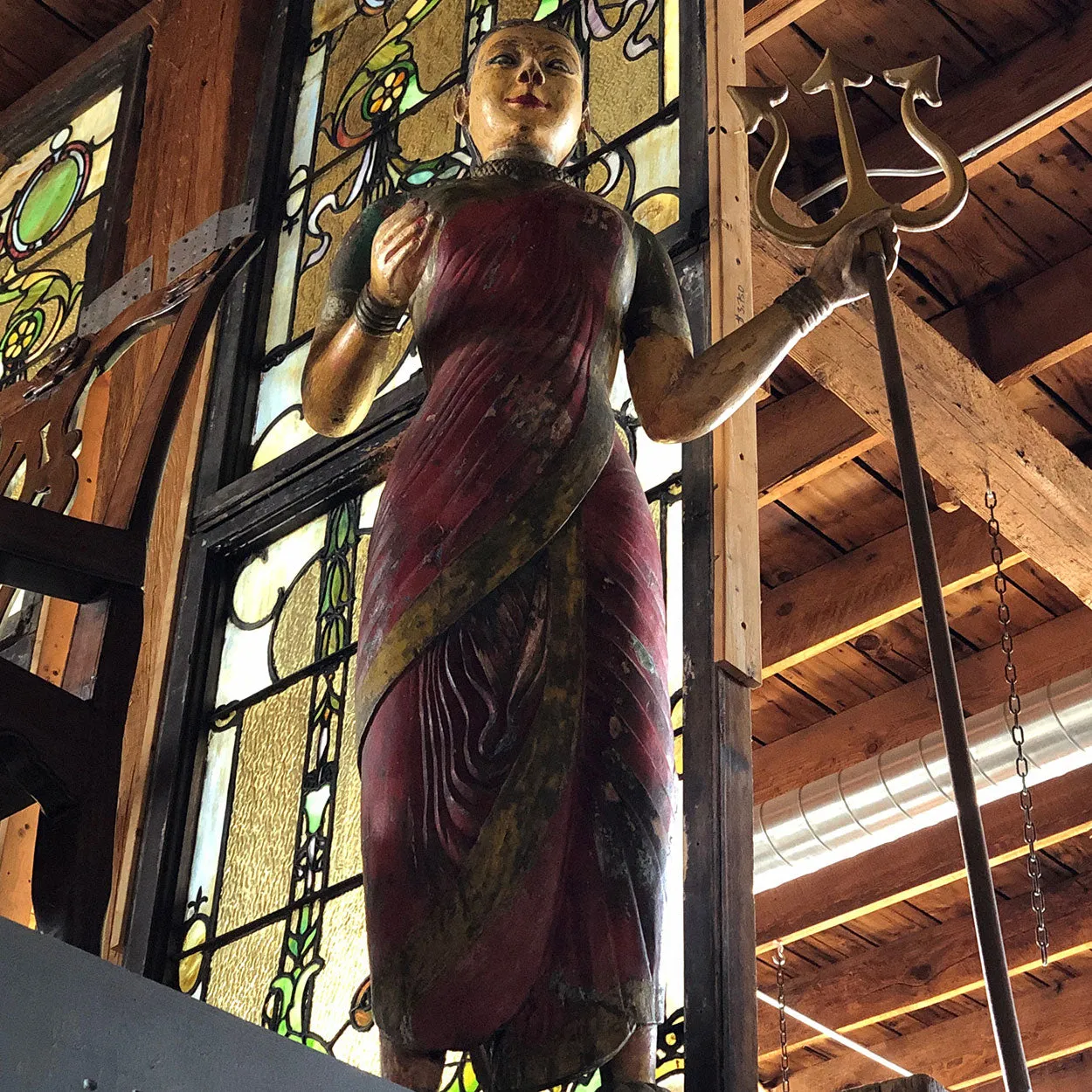 Pair of Large Indian Painted Teak Female Temple Attendants