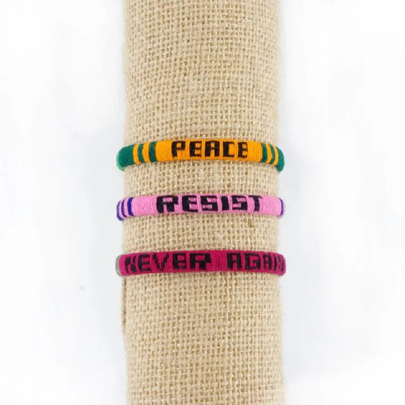 Peace, Resist, Never Again Woven Bracelet Trio, Handmade in Guatemala