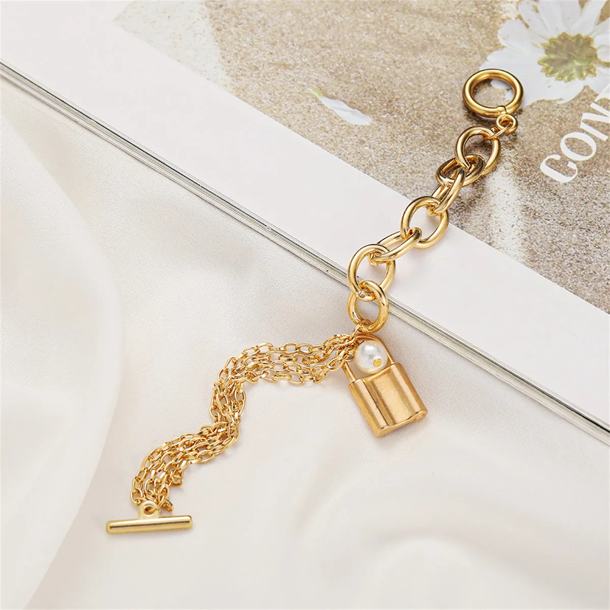 Pearl & 18K Gold-Plated Layered Chain Lock Charm Anklet