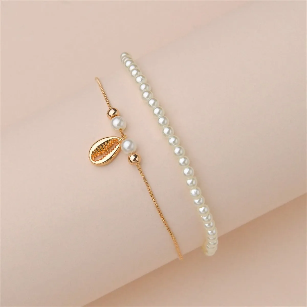 Pearl & 18K Gold-Plated Shell Charm Anklet Set